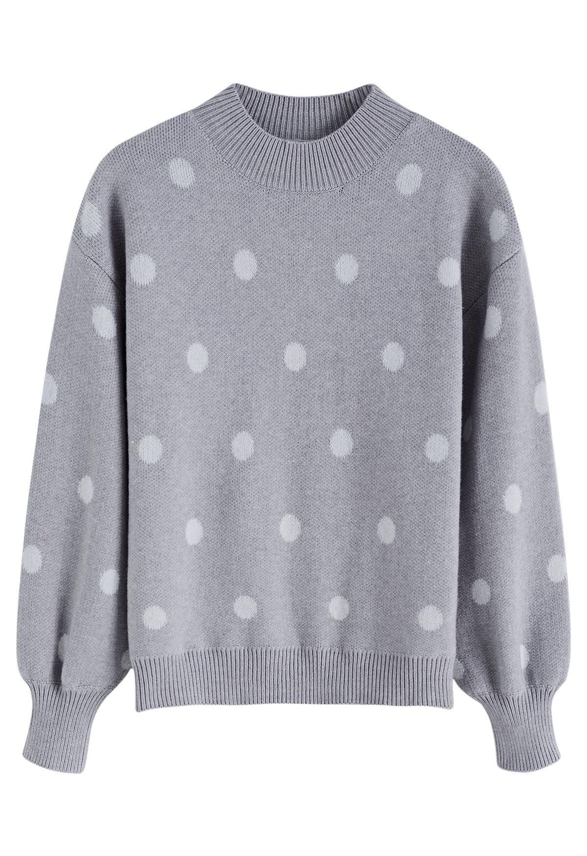 Adorable Polka Dot Mock Neck Knit Sweater in Grey