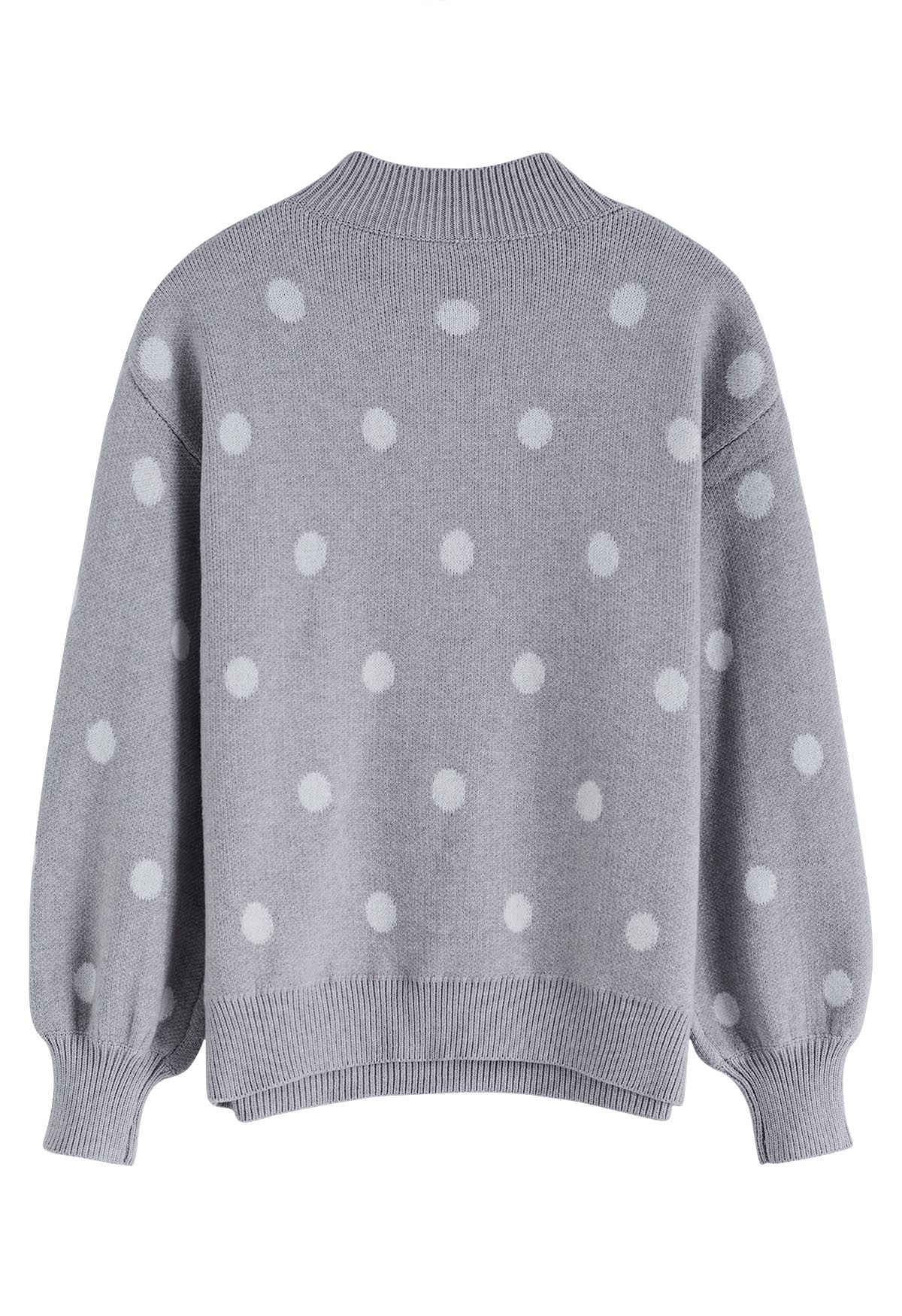 Adorable Polka Dot Mock Neck Knit Sweater in Grey