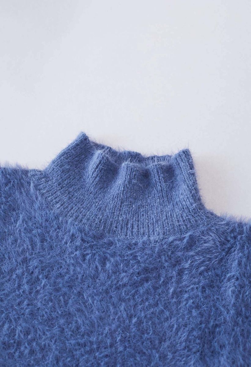 Cozy Perfection High Neck Fuzzy Knit Sweater in Blue