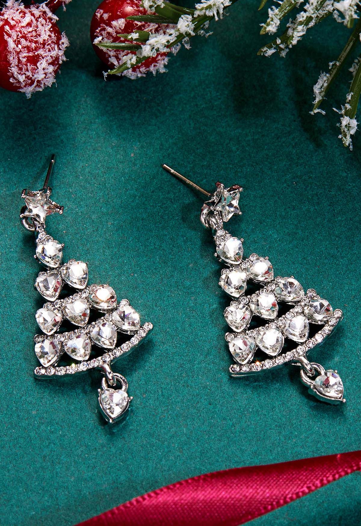 Full Rhinestone Christmas Tree Earrings in Silver