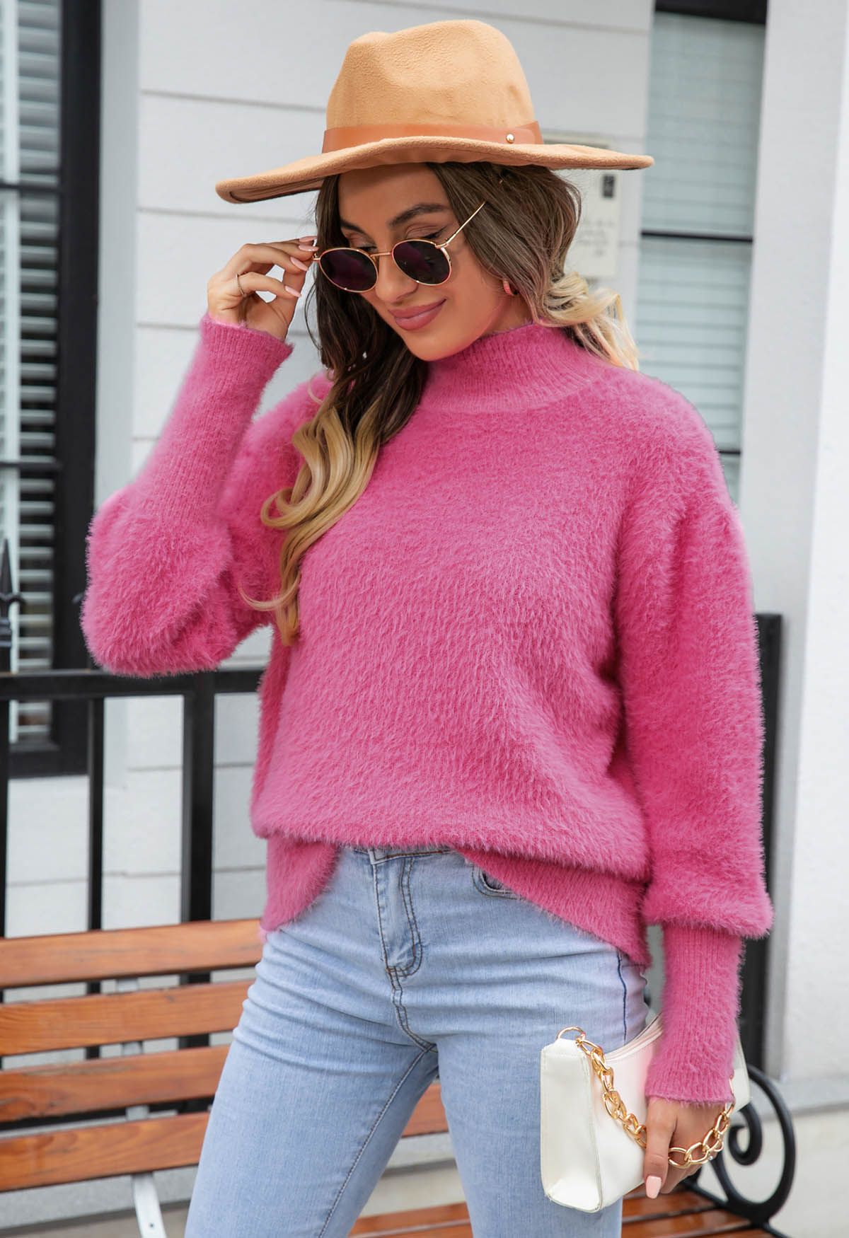 Cozy Perfection High Neck Fuzzy Knit Sweater in Pink