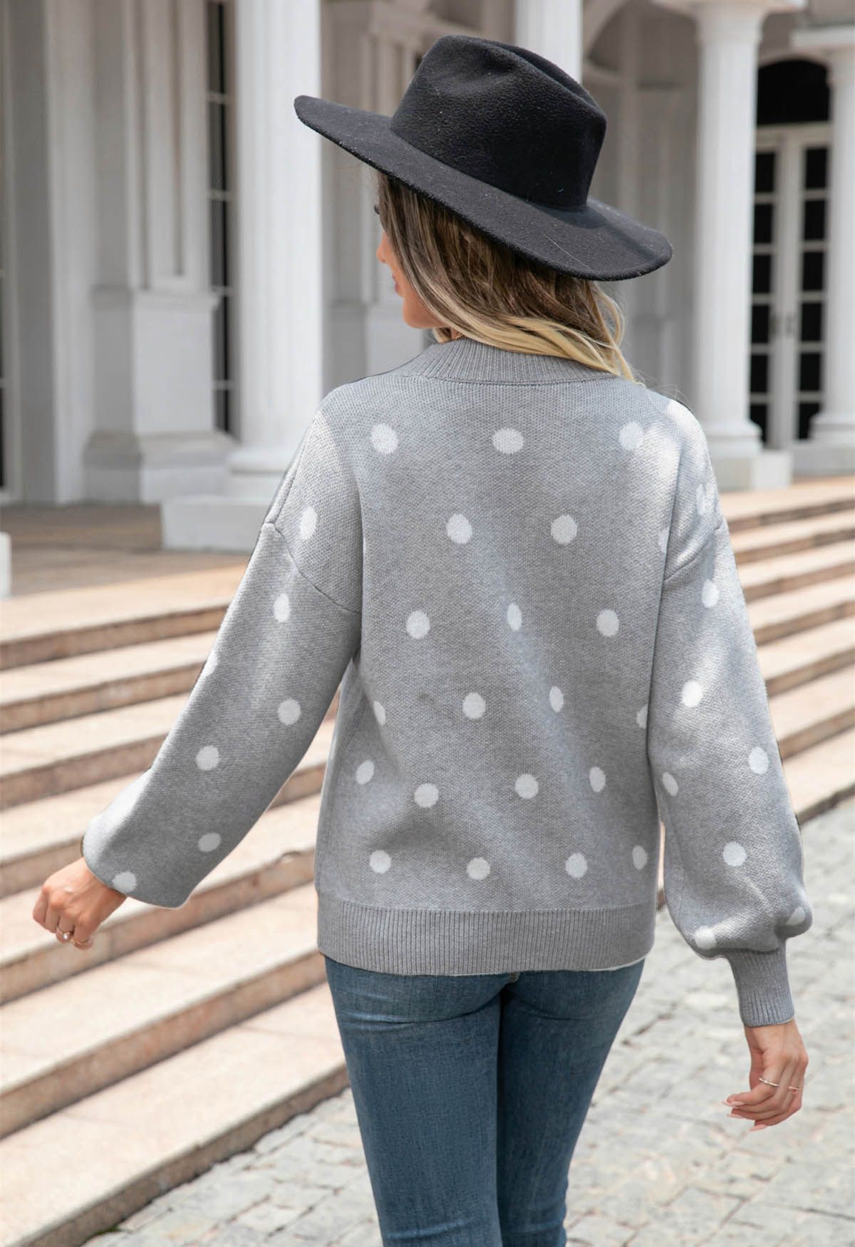 Adorable Polka Dot Mock Neck Knit Sweater in Grey