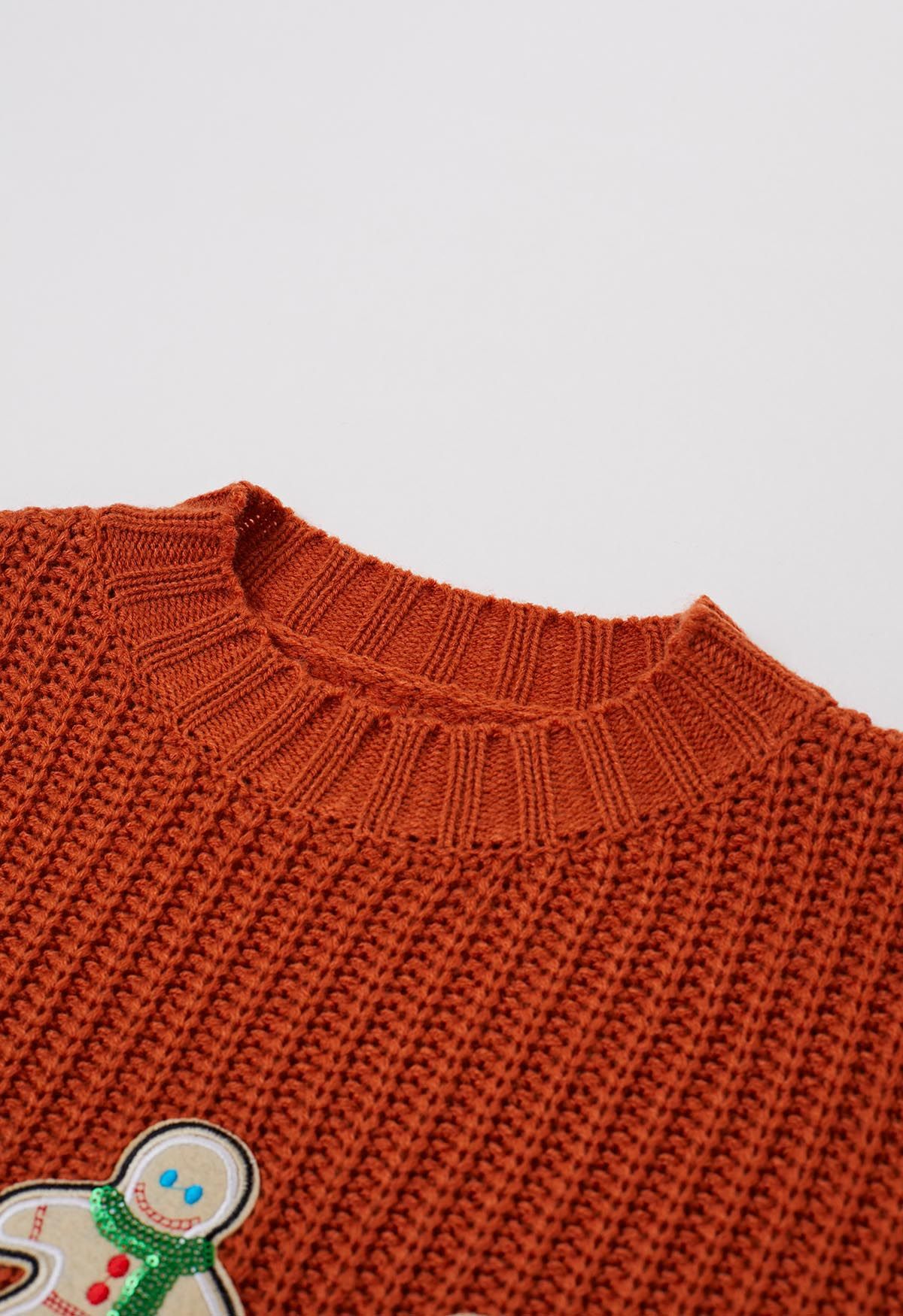 Gingerbread Man Patch Ribbed Sweater in Pumpkin