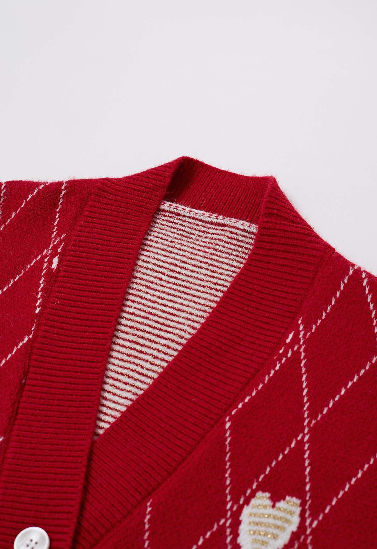 Diamond-Shape Heart Pattern Button-Up Cardigan in Red