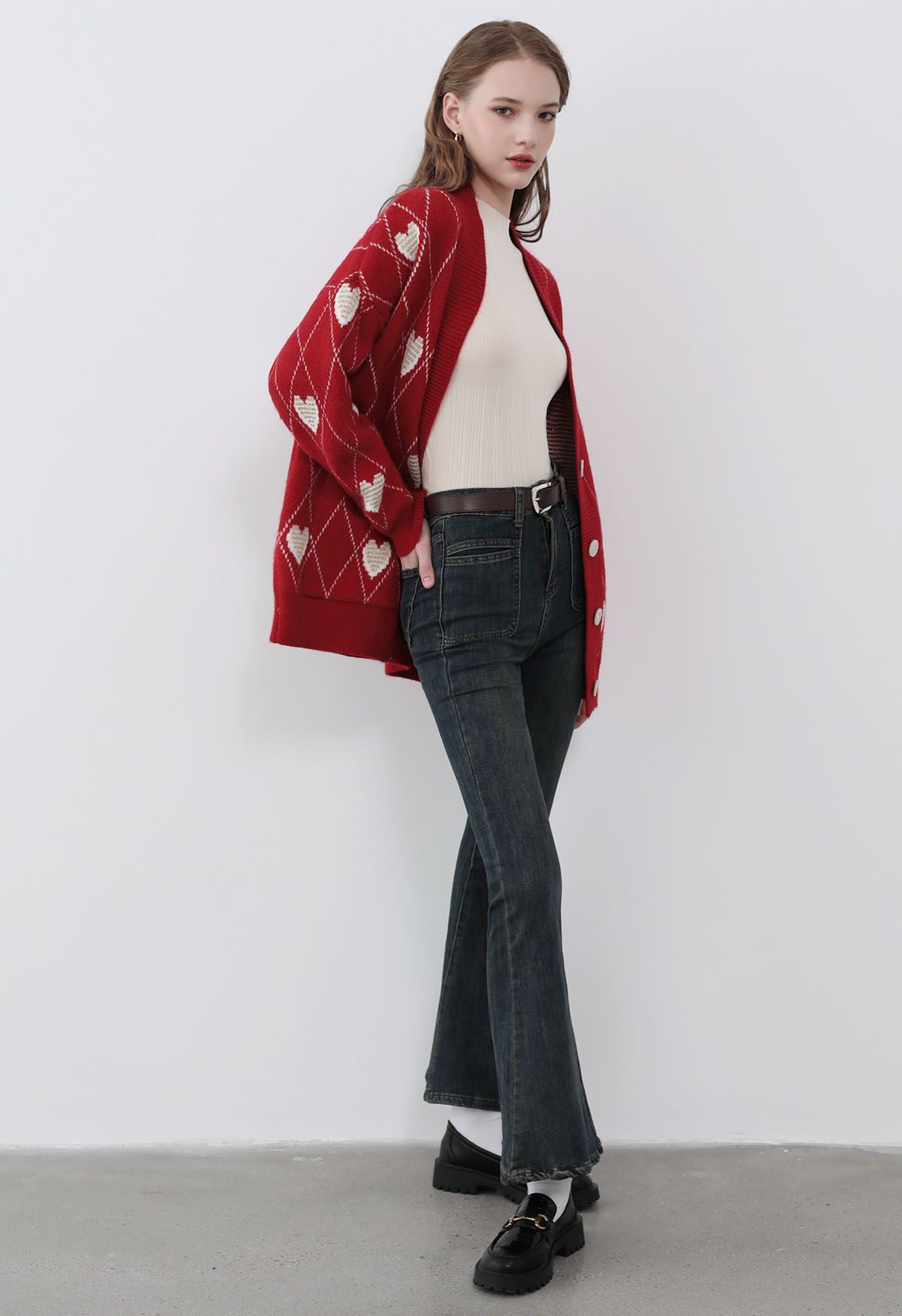 Diamond-Shape Heart Pattern Button-Up Cardigan in Red