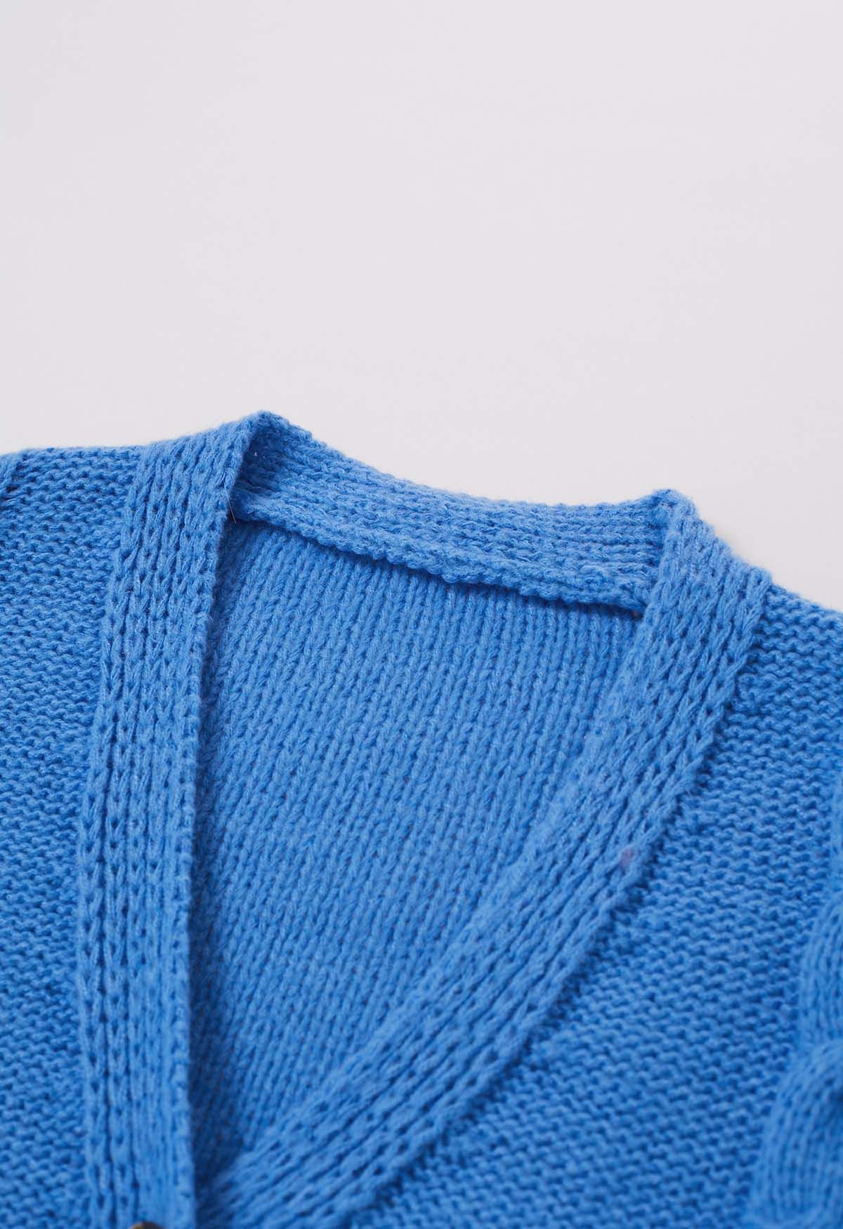 Braid Pattern Buttoned Knit Cardigan in Blue