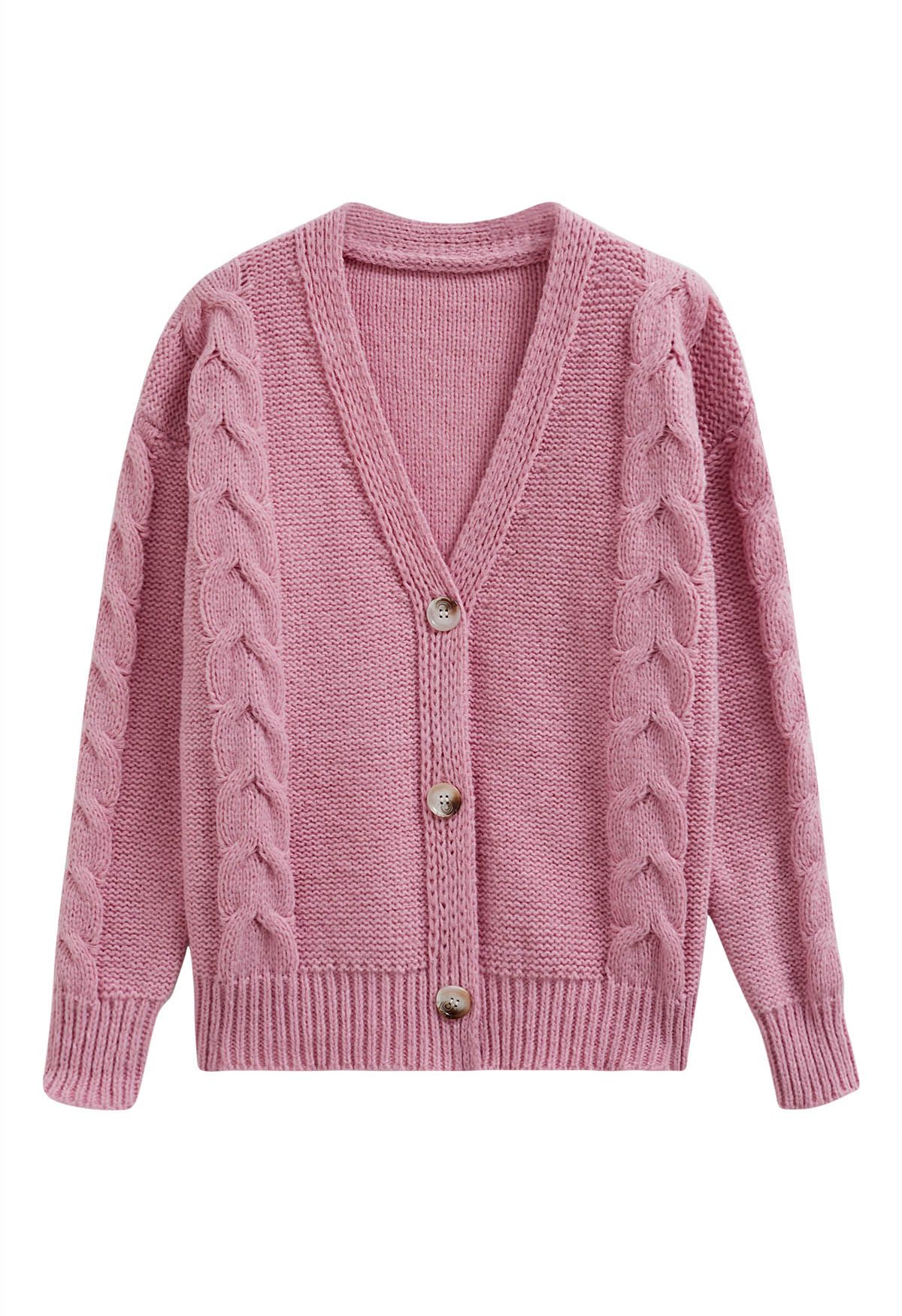 Braid Pattern Buttoned Knit Cardigan in Pink