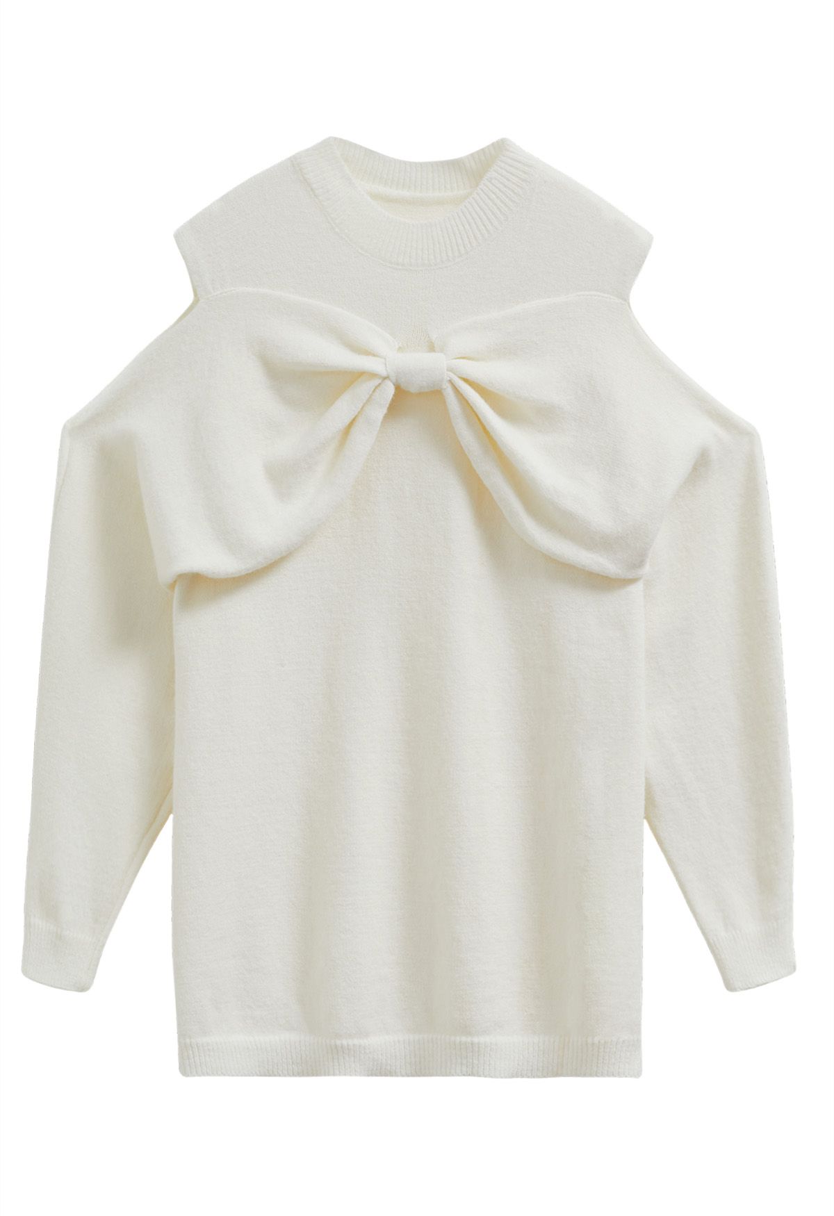 Bowknot Cold-Shoulder Knit Sweater in Cream