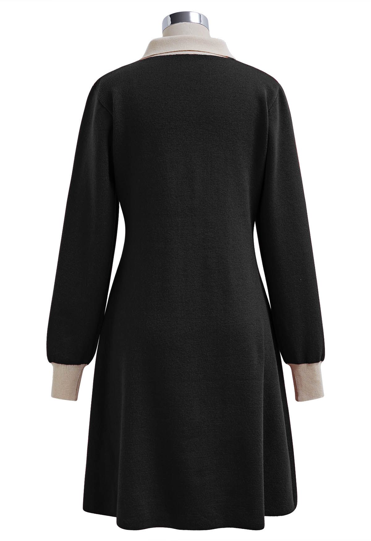 Contrast Edge Polo Knit Dress in Black