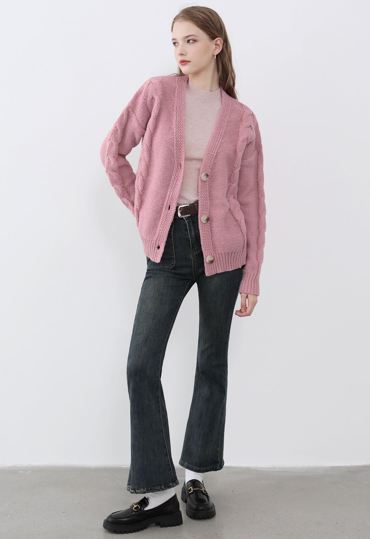 Braid Pattern Buttoned Knit Cardigan in Pink