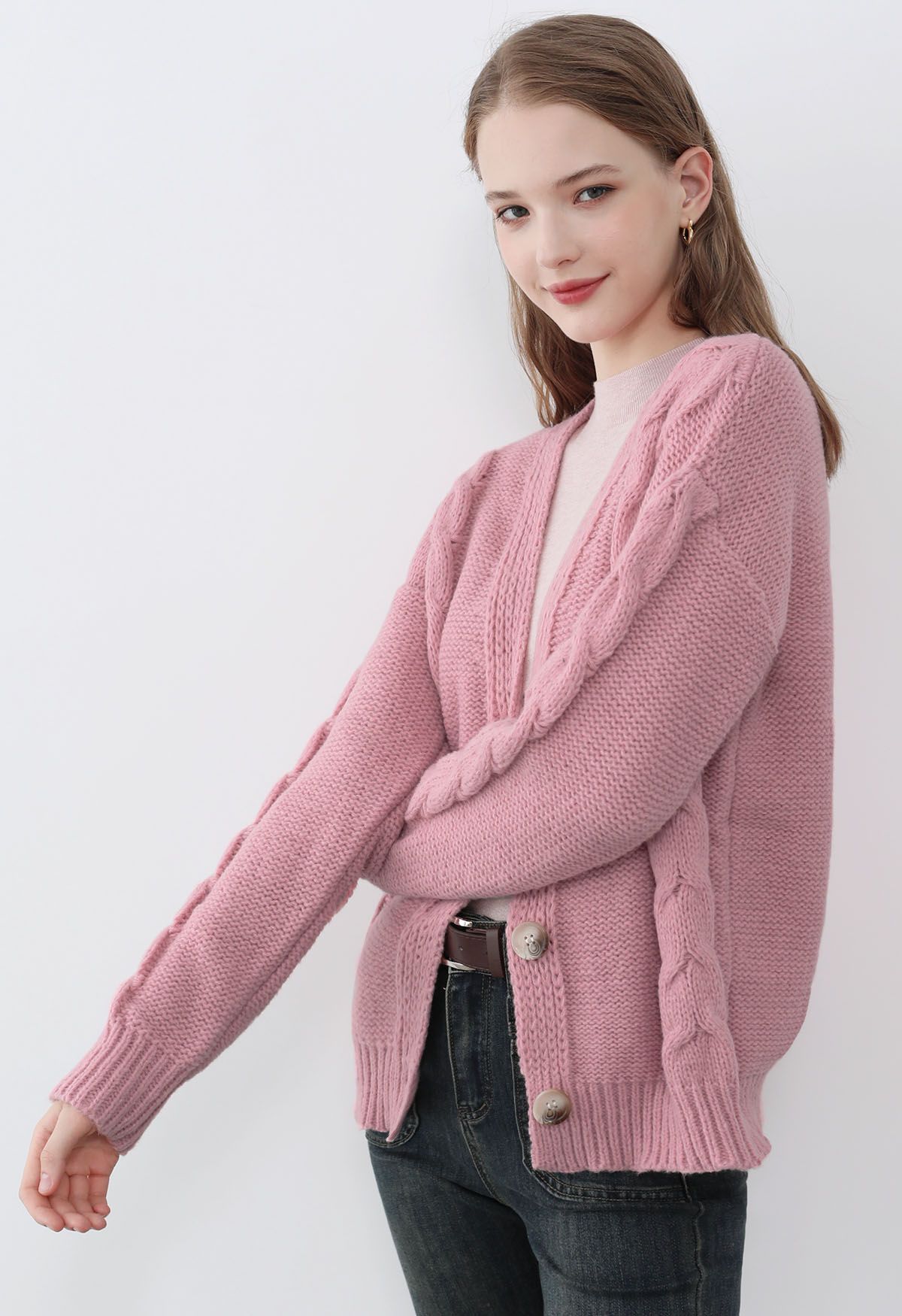 Braid Pattern Buttoned Knit Cardigan in Pink