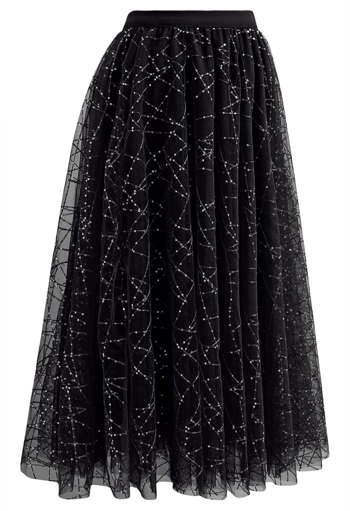 Sequined Embroidery Double-Layered Mesh Tulle Midi Skirt in Black
