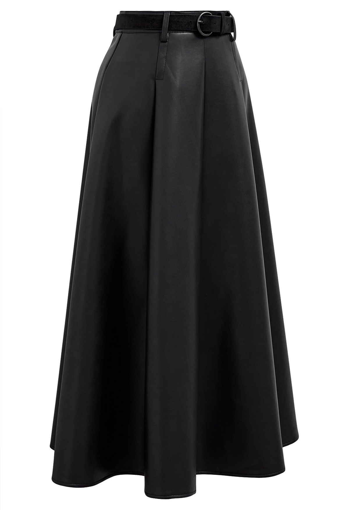 Faux Leather Belted A-Line Maxi Skirt in Black