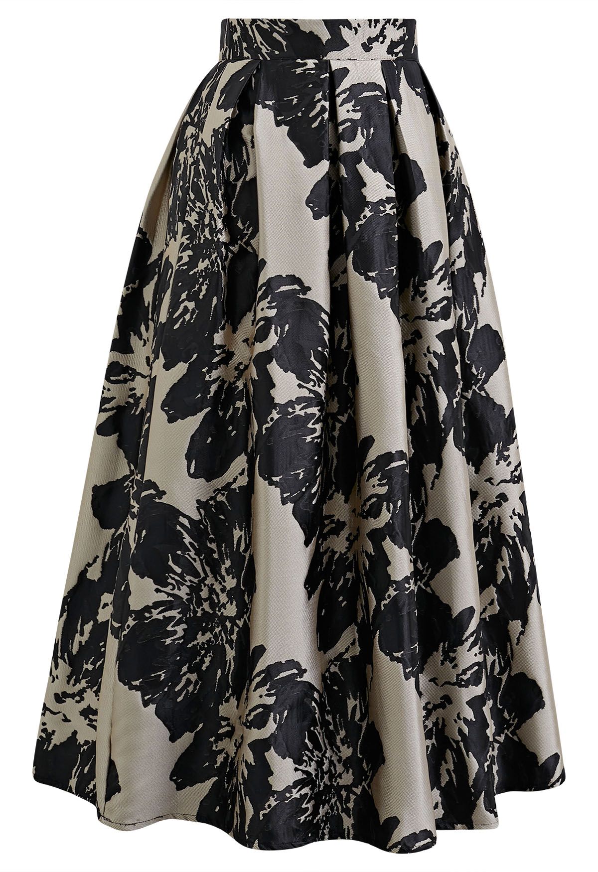Striking Floral Jacquard Pleated Midi Skirt
