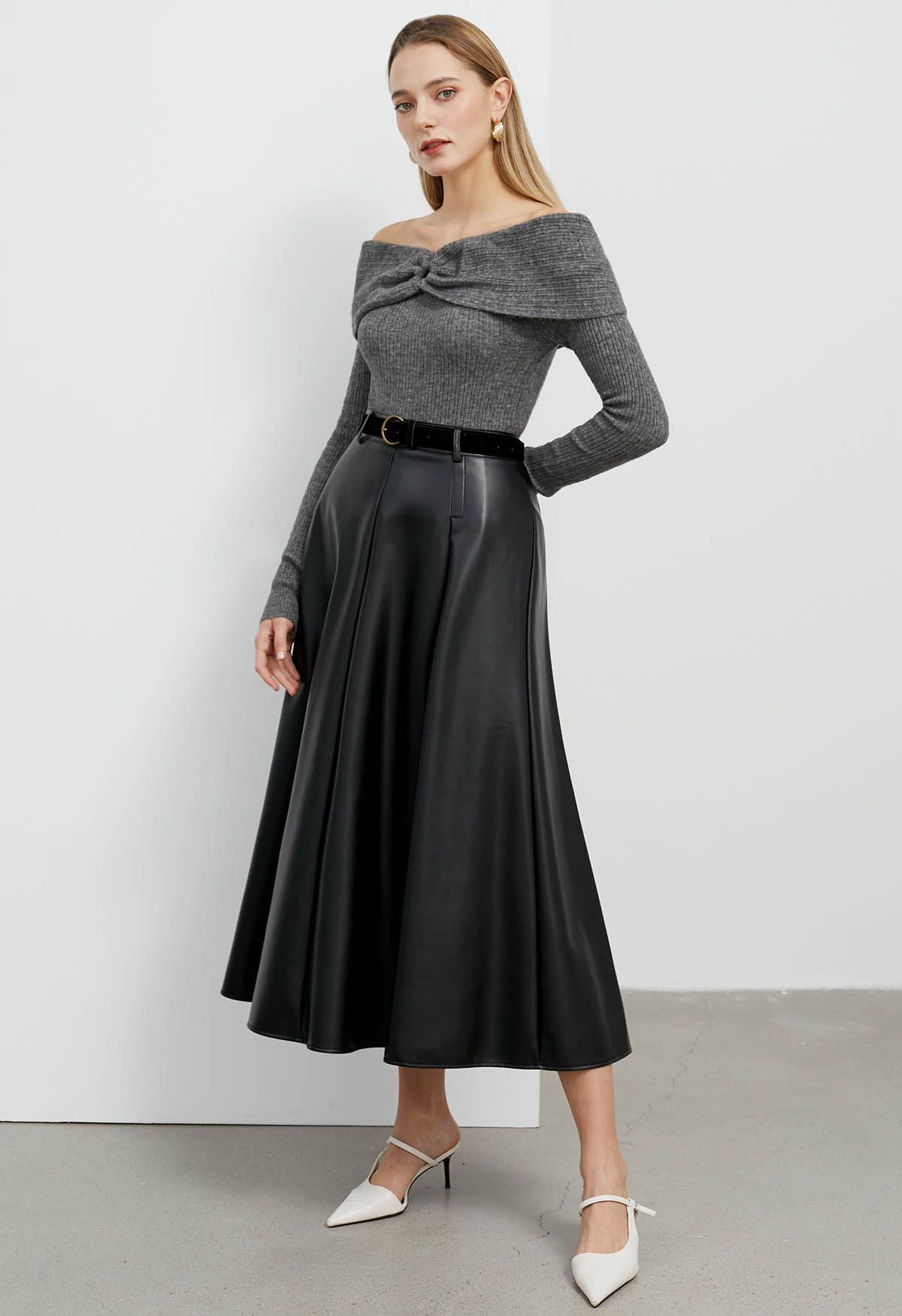 Faux Leather Belted A-Line Maxi Skirt in Black
