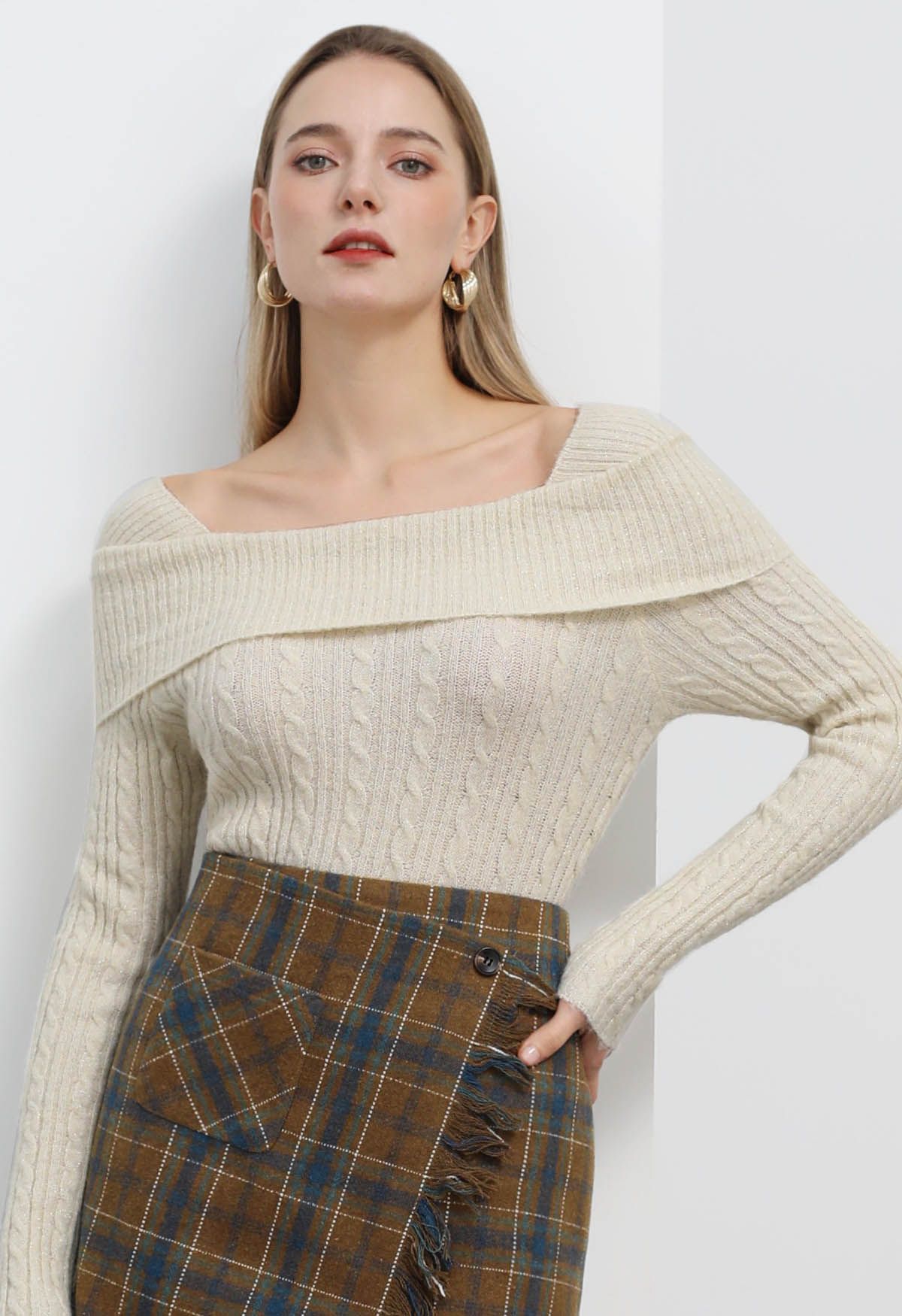 Folded Shoulder Cable Knit Top in Cream