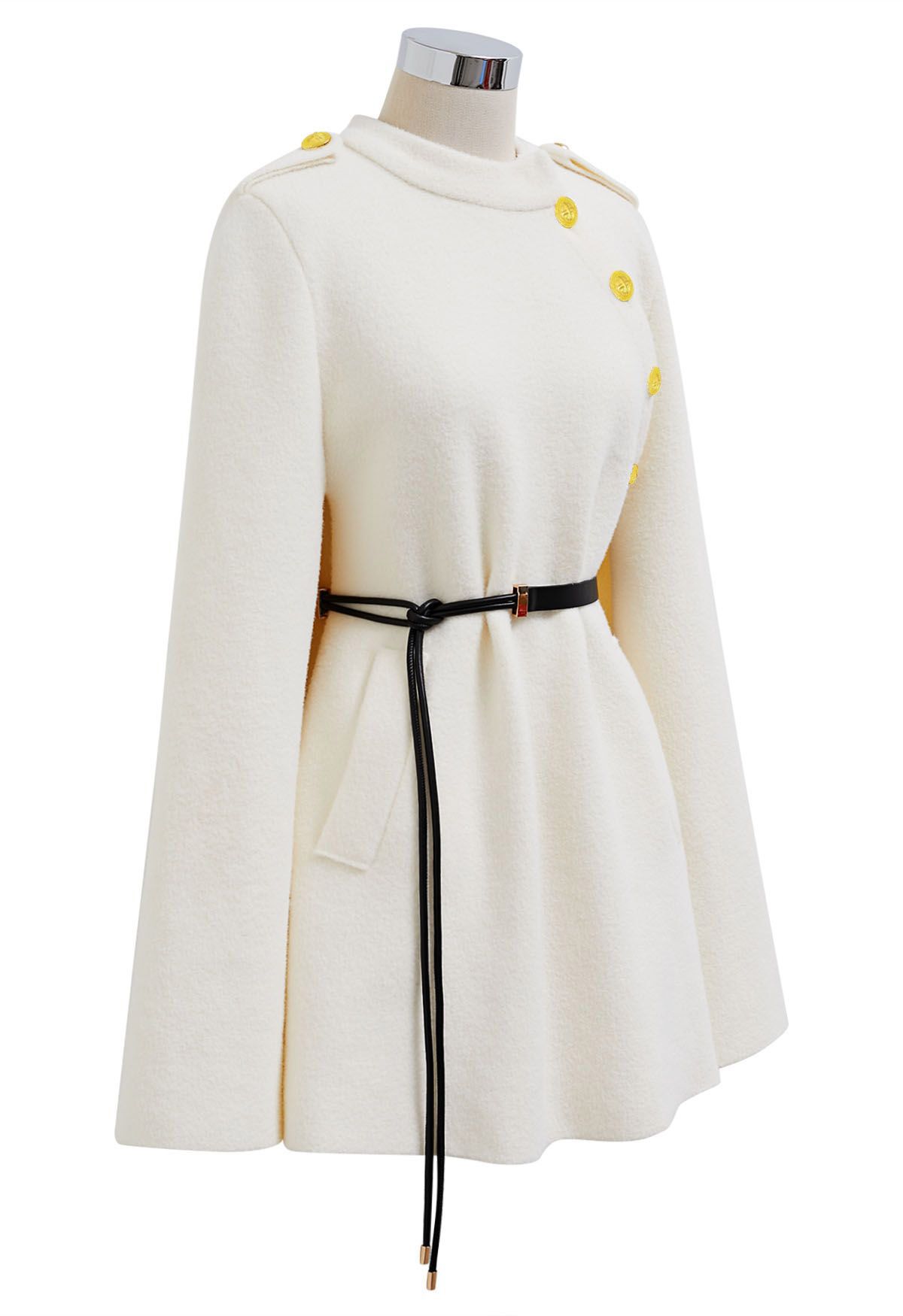 Golden Button Belted Cape Coat in Ivory