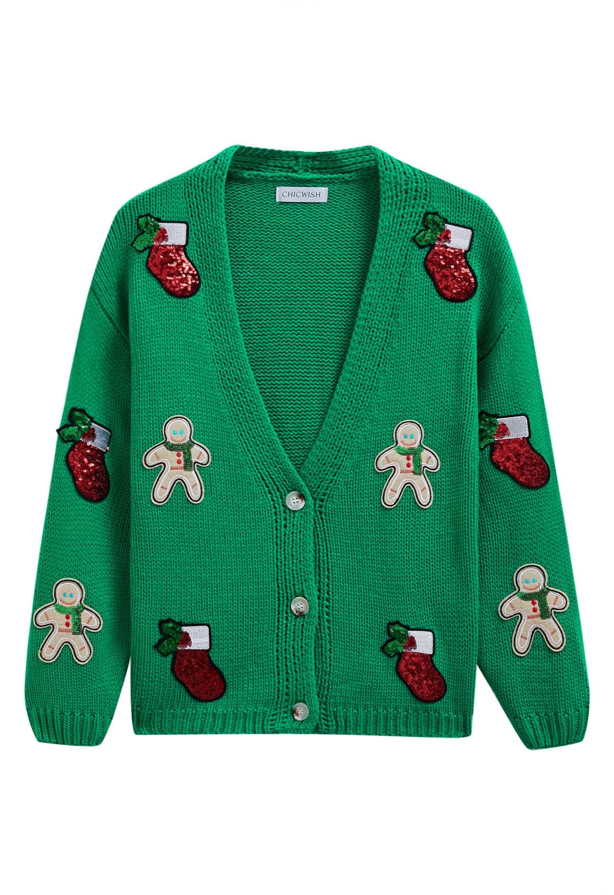 Sequined Gingerbread Man and Christmas Stocking Knit Cardigan in Green