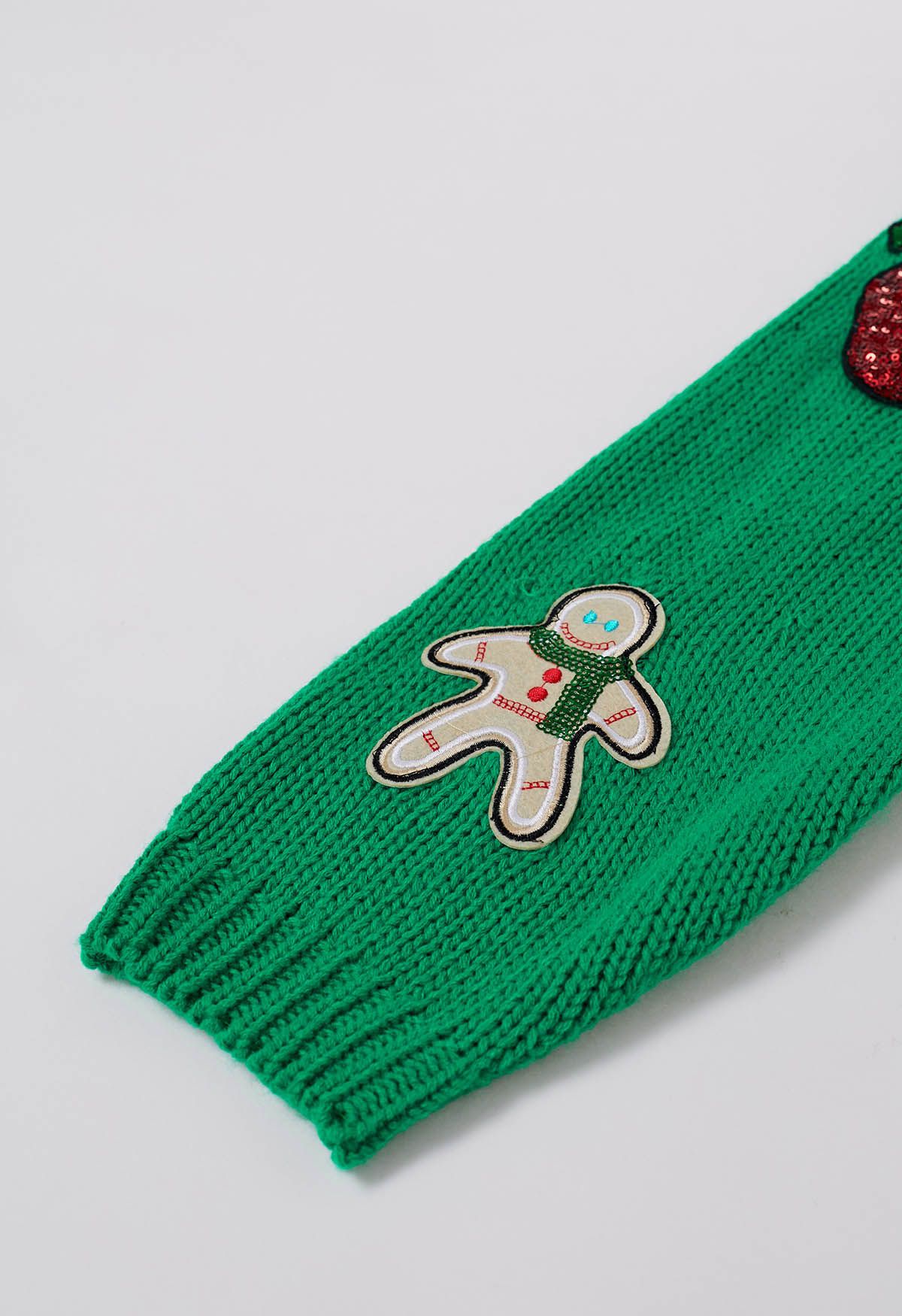 Sequined Gingerbread Man and Christmas Stocking Knit Cardigan in Green