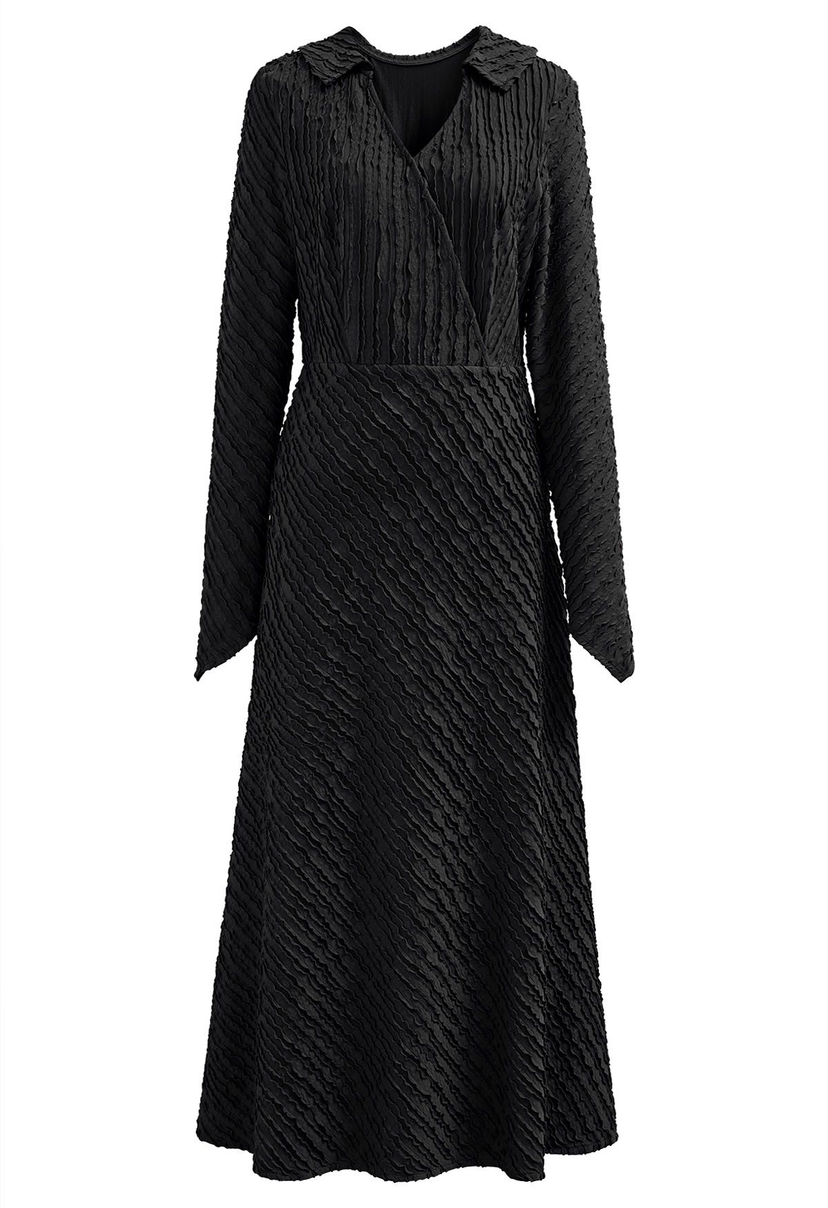 Collared Surplice Neckline Wavy Texture Dress in Black