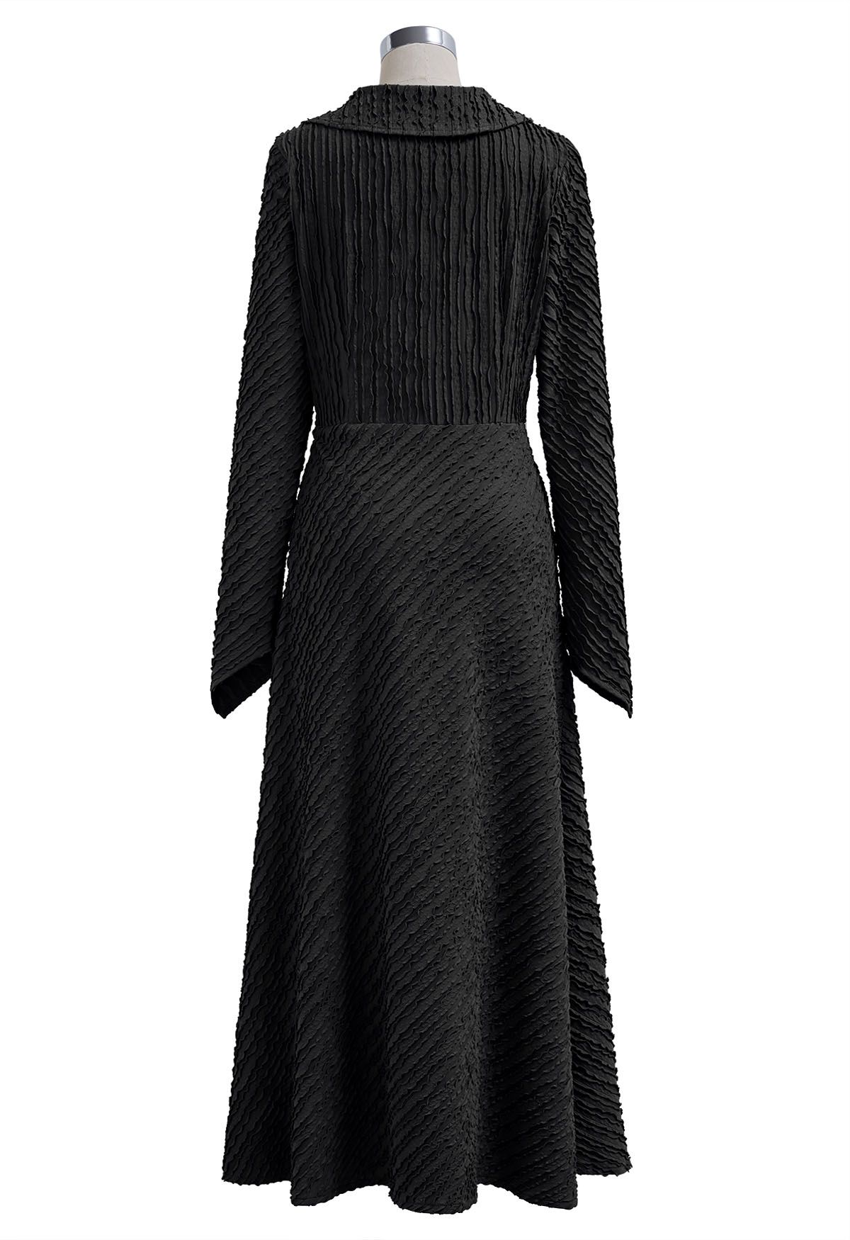 Collared Surplice Neckline Wavy Texture Dress in Black