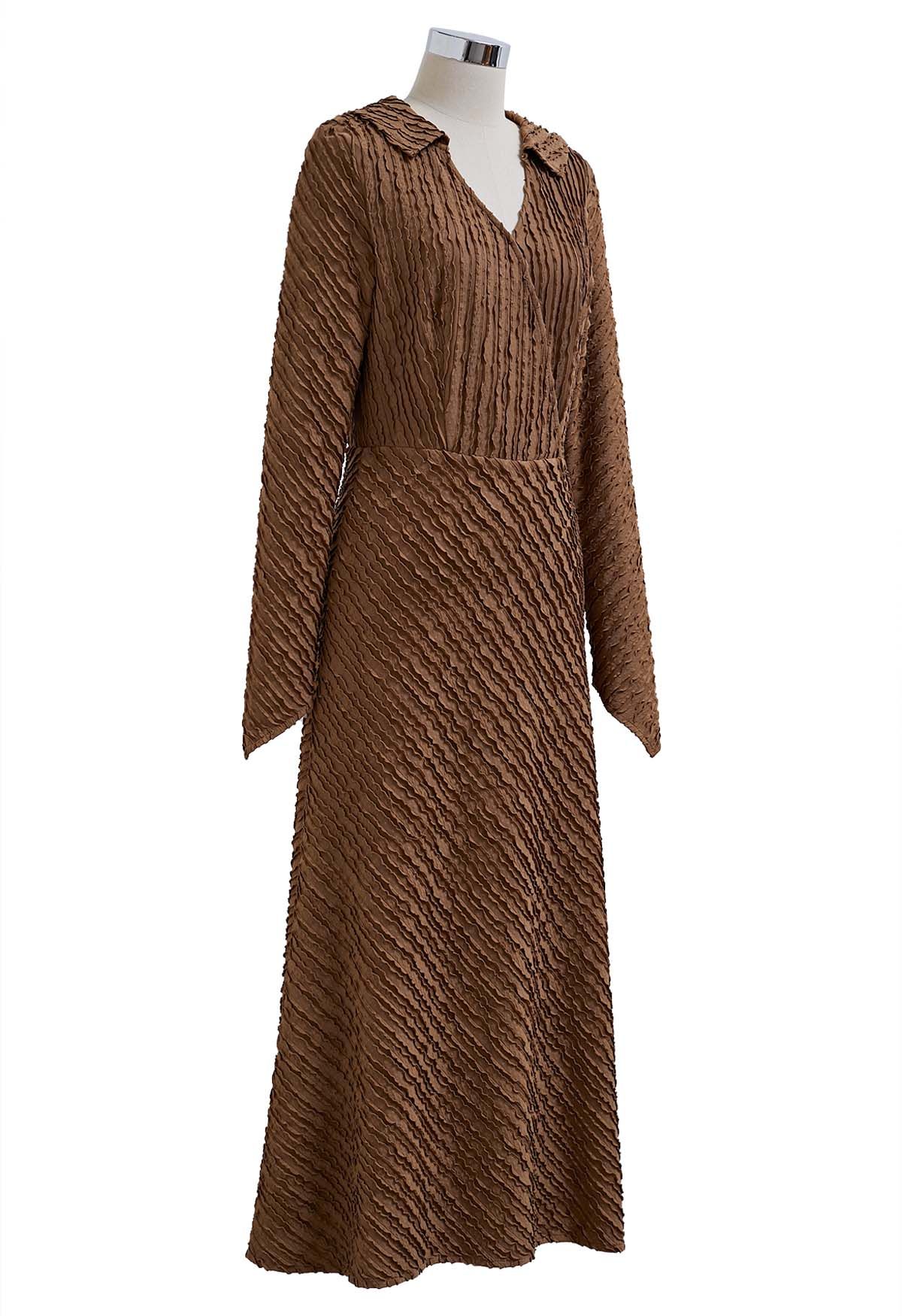 Collared Surplice Neckline Wavy Texture Dress in Caramel