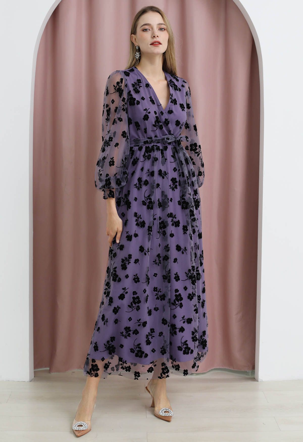 3D Posy Mesh Wrap Maxi Dress in Lilac