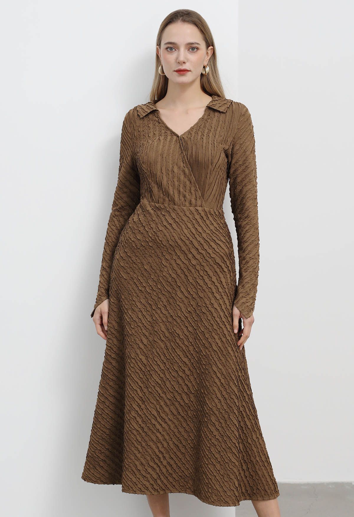 Collared Surplice Neckline Wavy Texture Dress in Caramel