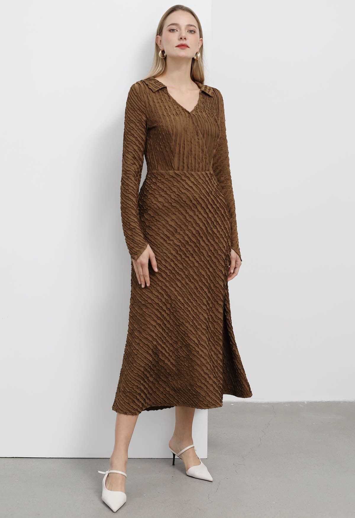 Collared Surplice Neckline Wavy Texture Dress in Caramel