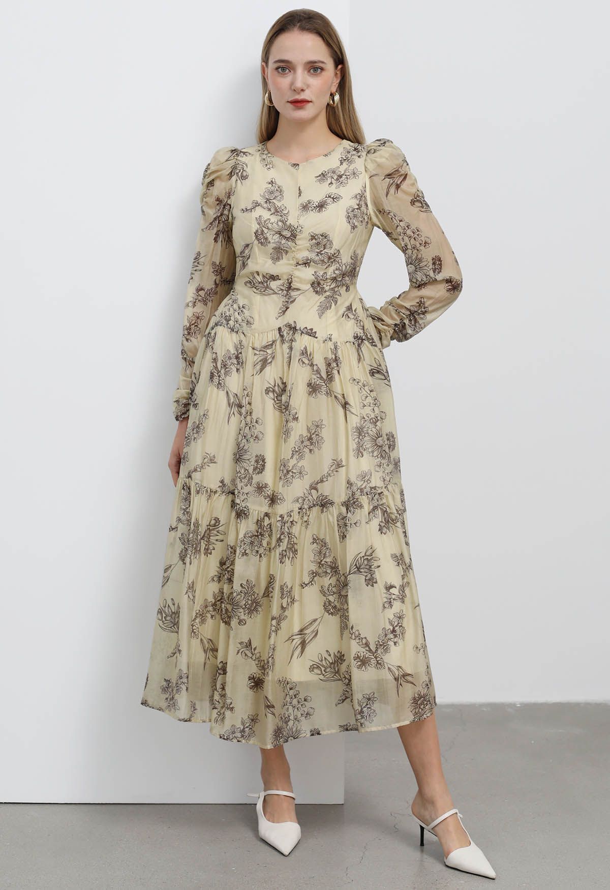 Artful Flower Sketch Puff Shoulder Maxi Dress