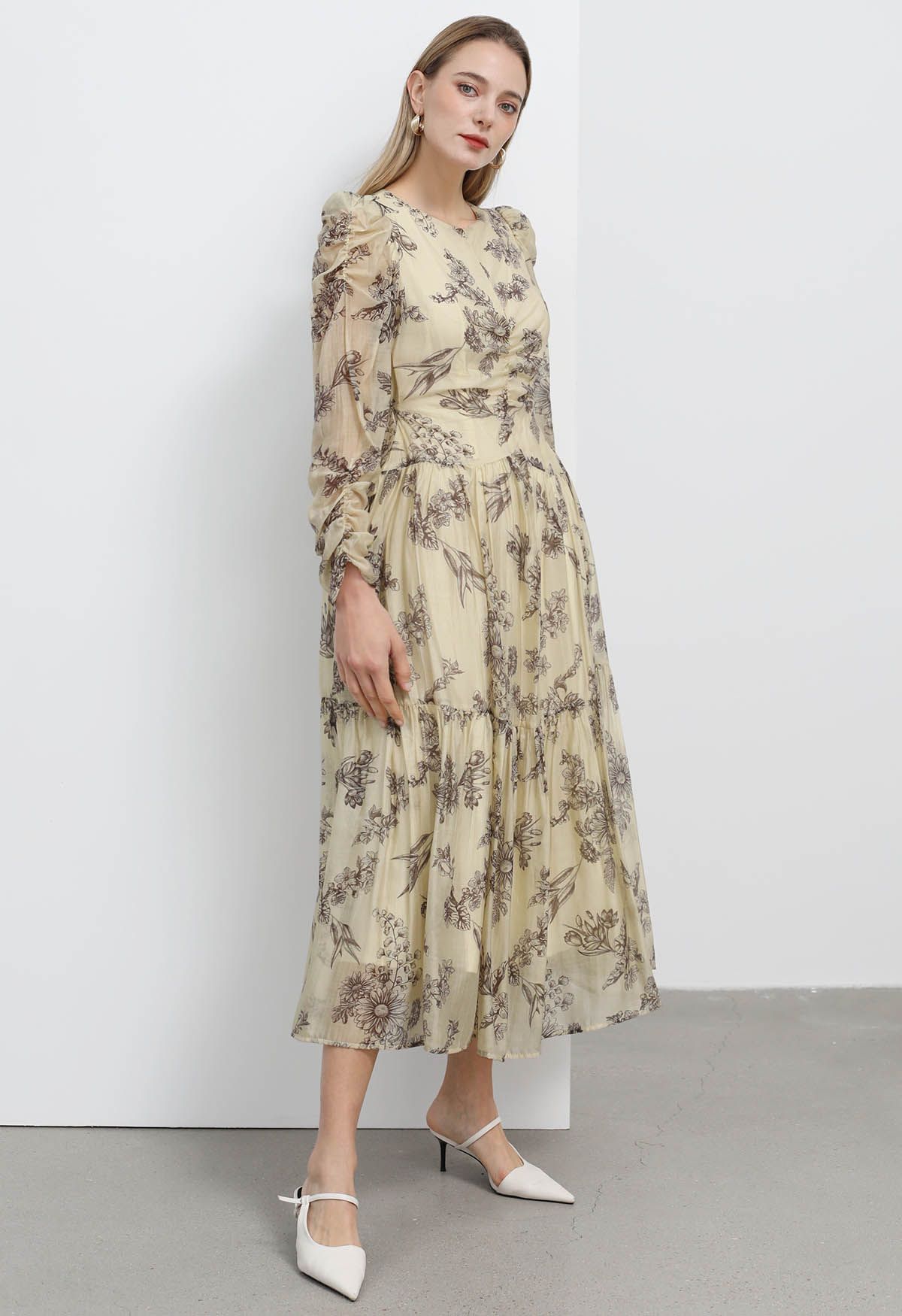 Artful Flower Sketch Puff Shoulder Maxi Dress