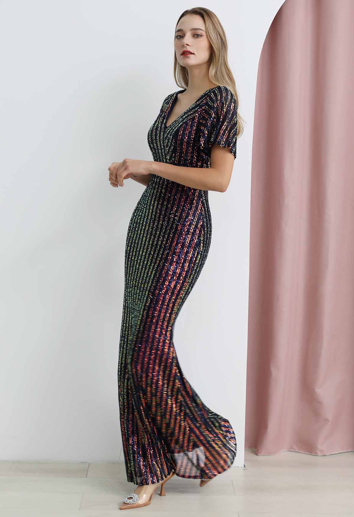 Ravishing V-Neck Sequined Mermaid Gown in Navy