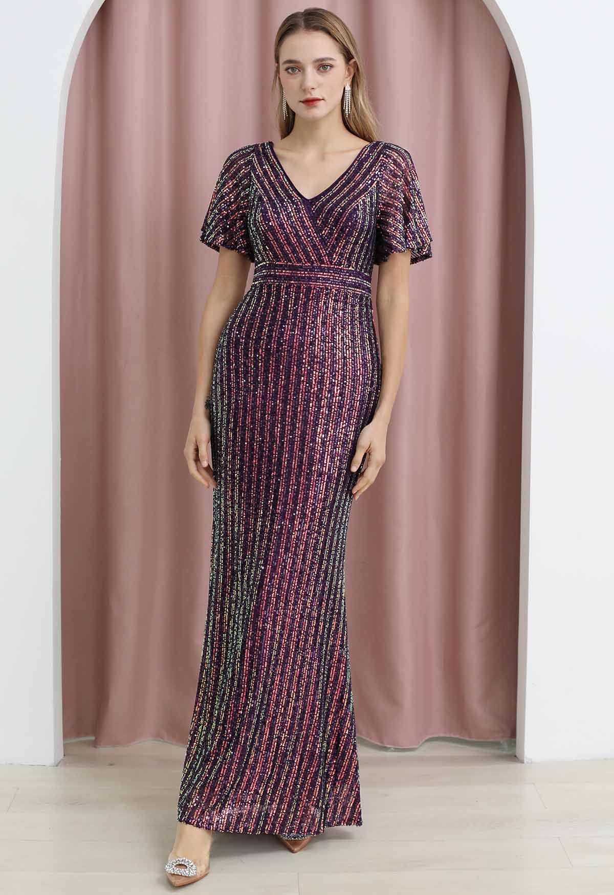 Ravishing V-Neck Sequined Mermaid Gown in Purple