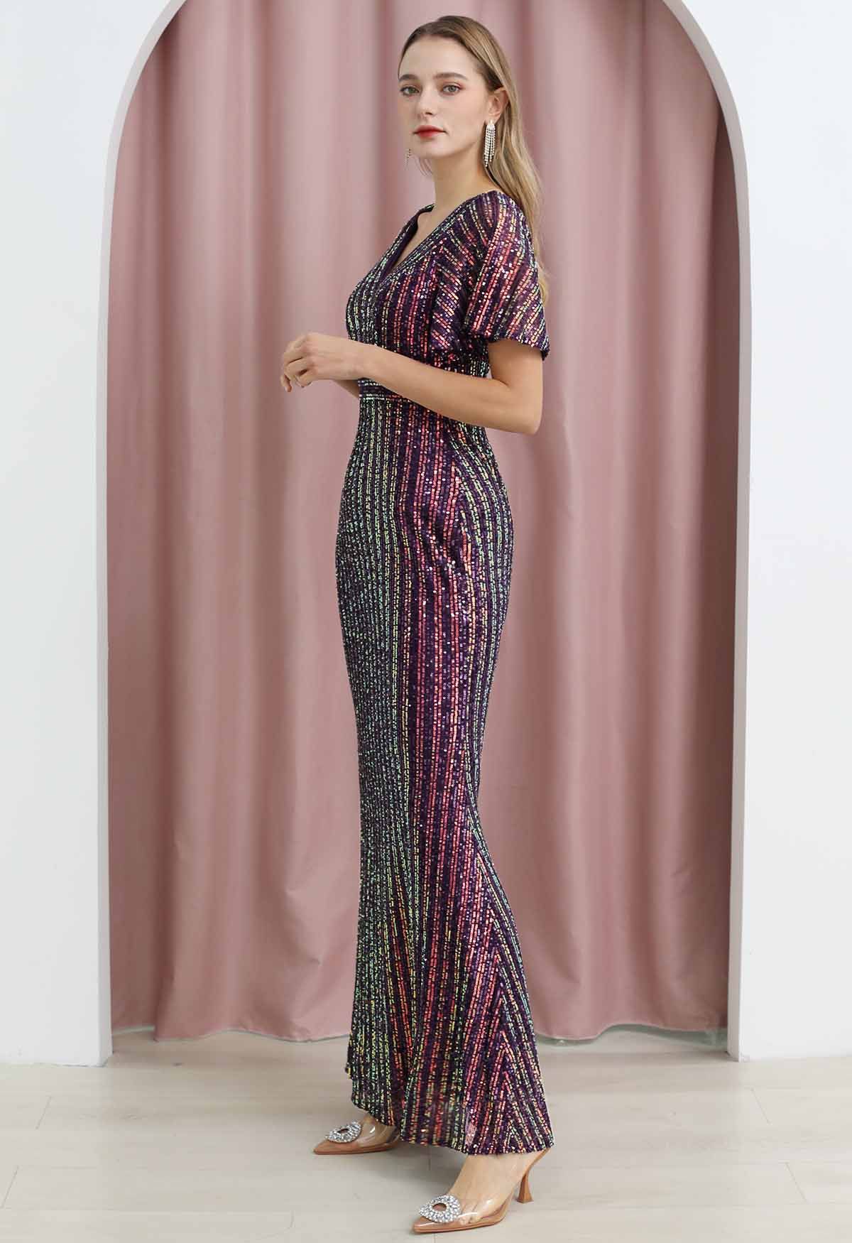 Ravishing V-Neck Sequined Mermaid Gown in Purple