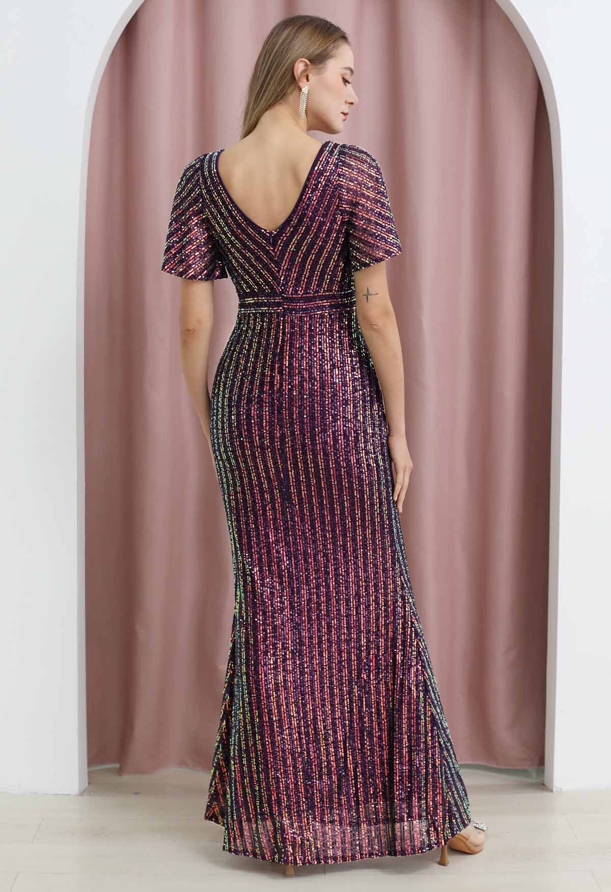 Ravishing V-Neck Sequined Mermaid Gown in Purple