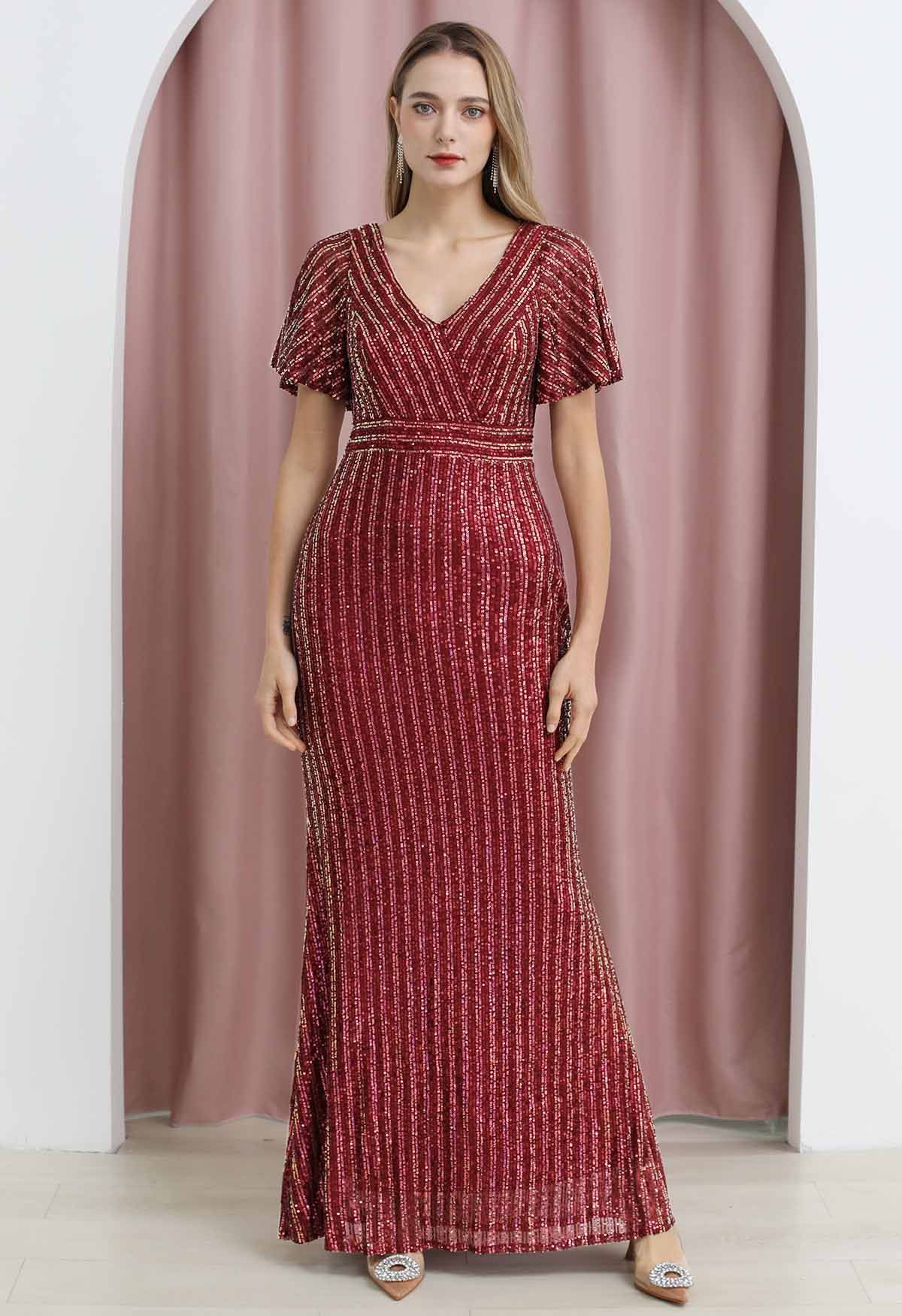 Ravishing V-Neck Sequined Mermaid Gown in Burgundy