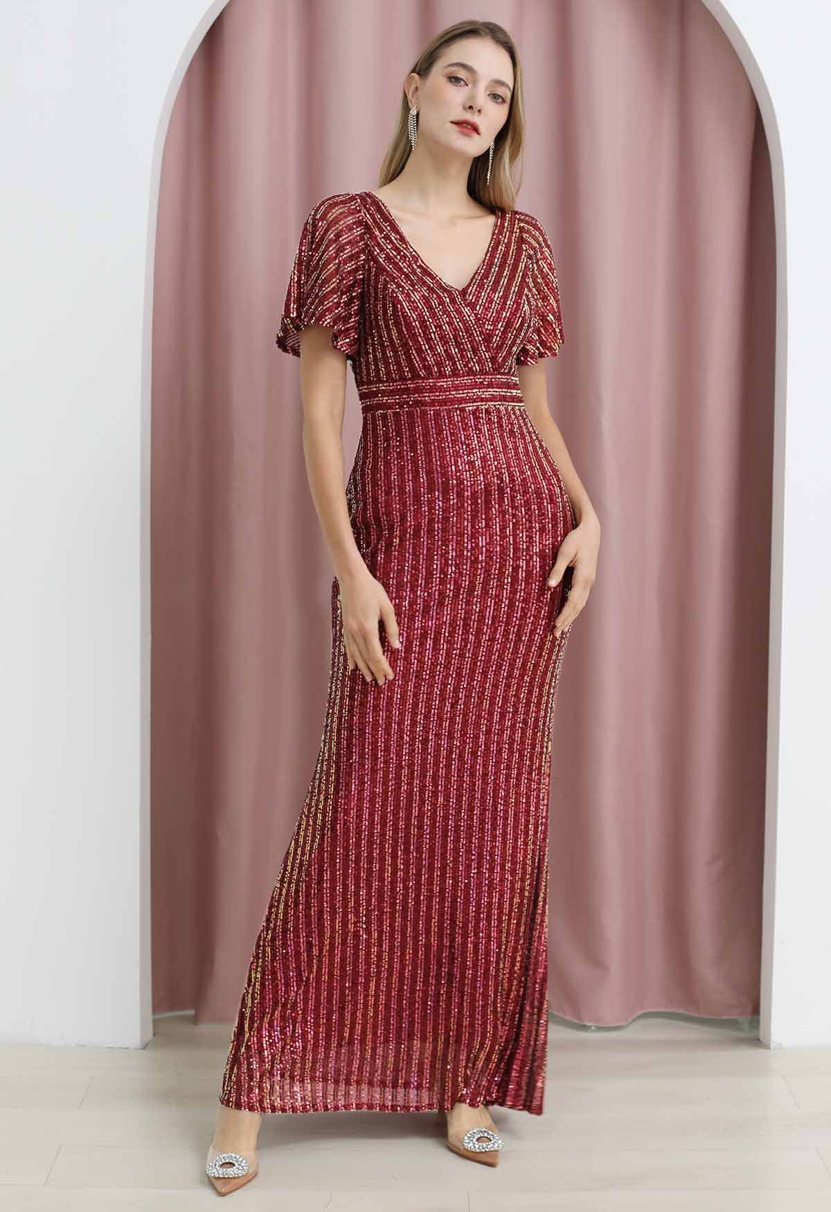 Ravishing V-Neck Sequined Mermaid Gown in Burgundy