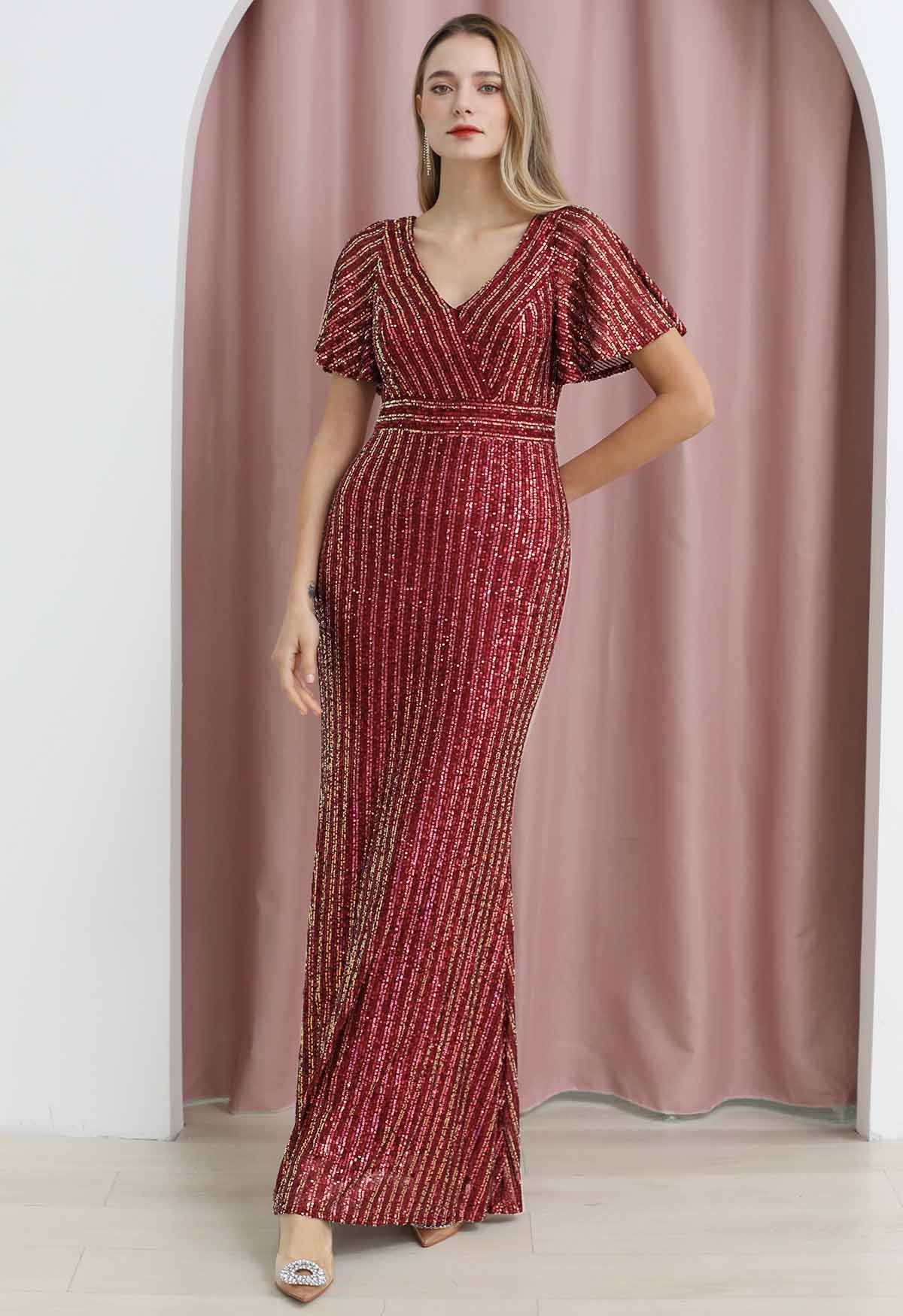 Ravishing V-Neck Sequined Mermaid Gown in Burgundy