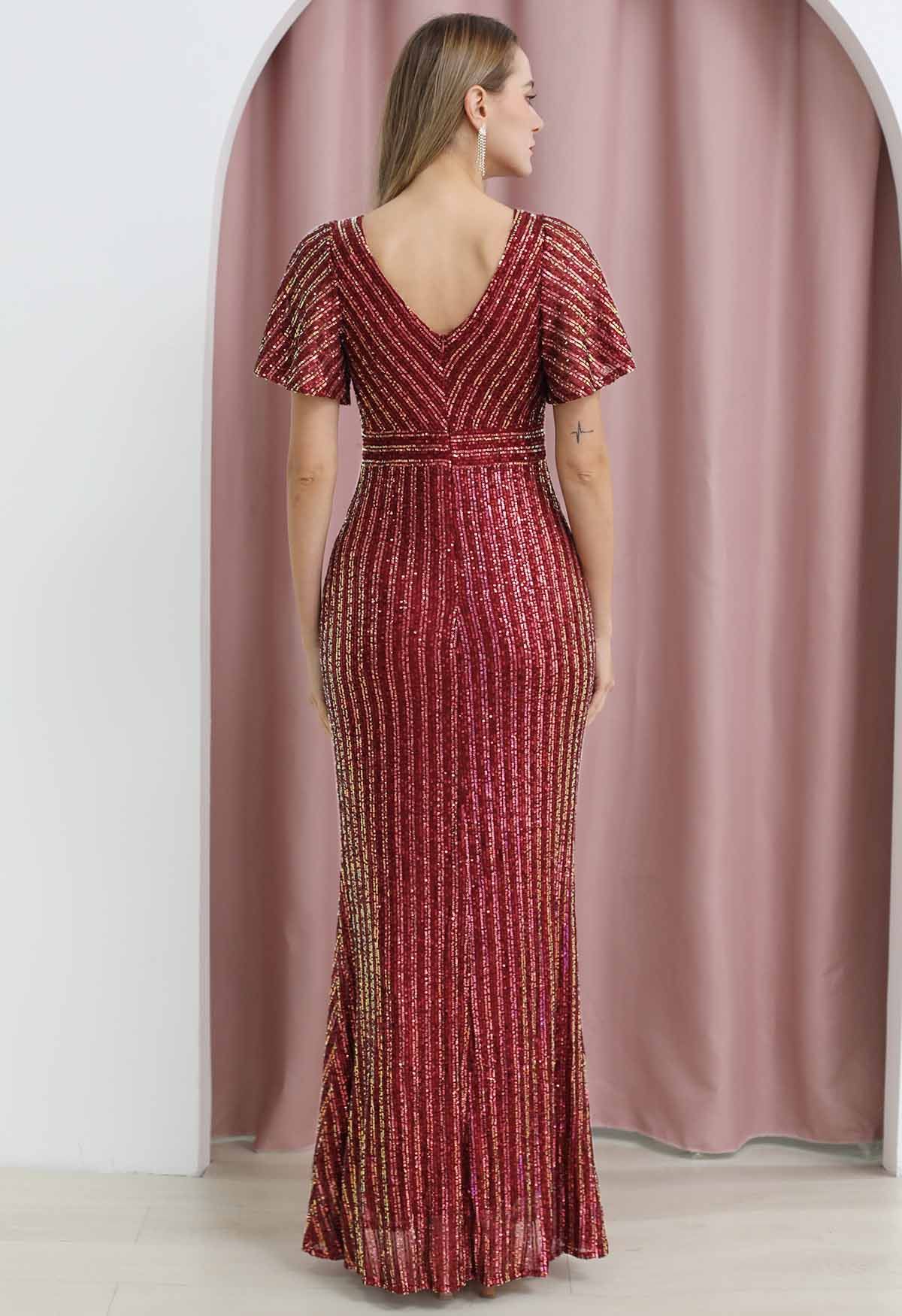 Ravishing V-Neck Sequined Mermaid Gown in Burgundy