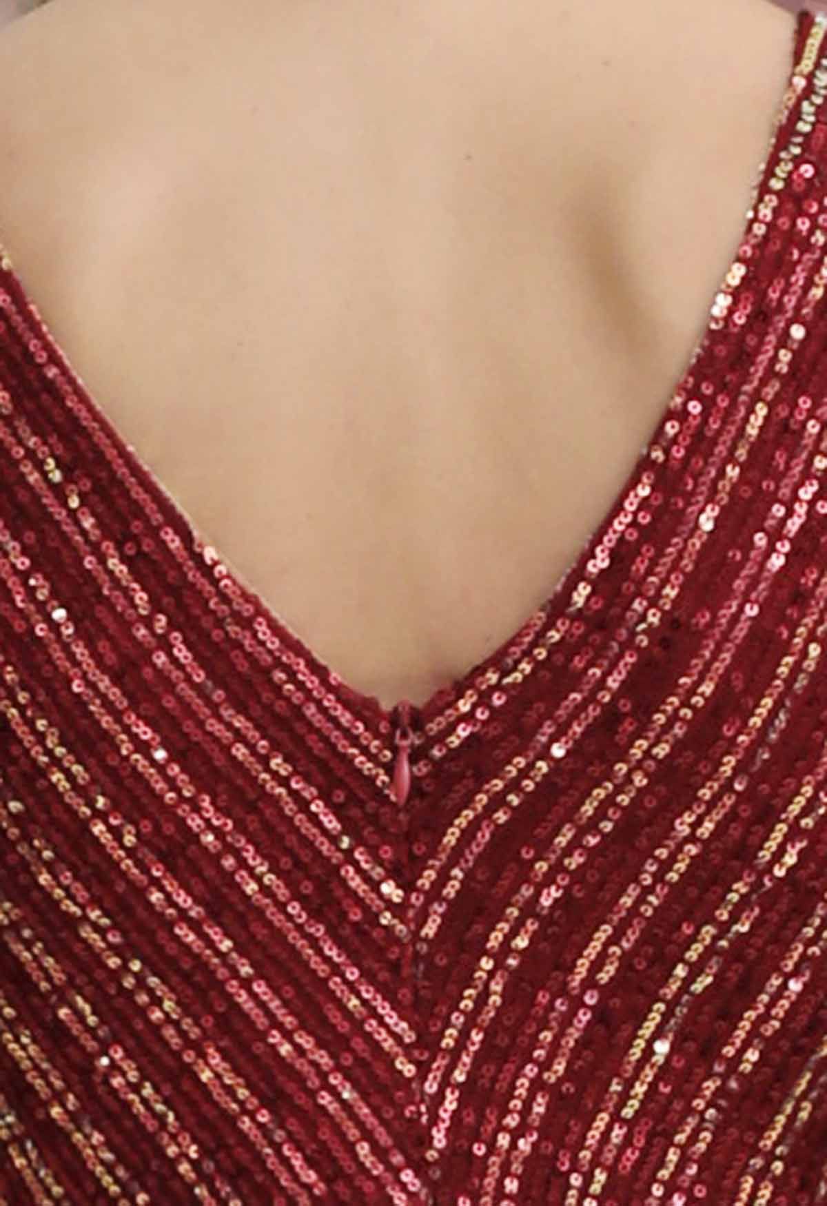 Ravishing V-Neck Sequined Mermaid Gown in Burgundy