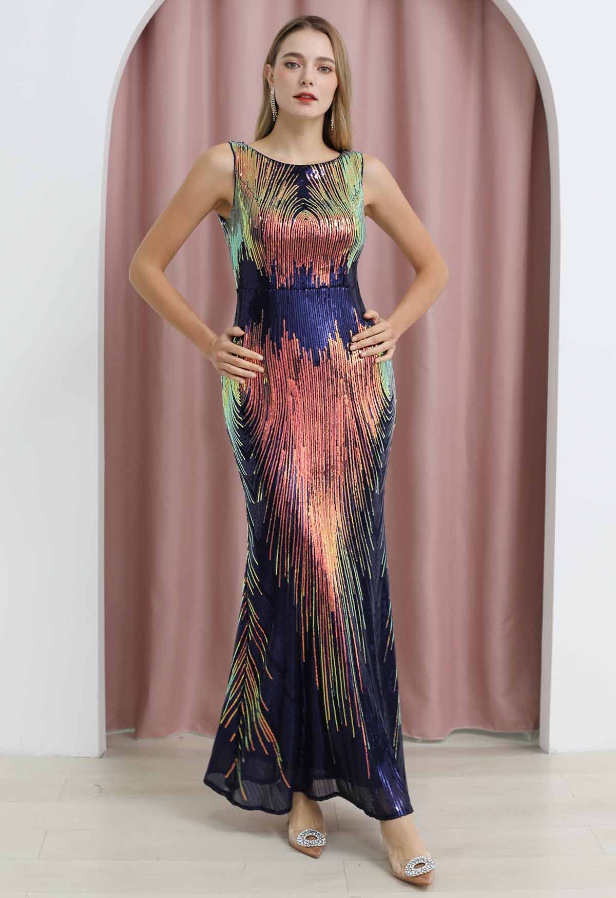 Iridescent Sequined Sleeveless Bodycon Gown in Navy