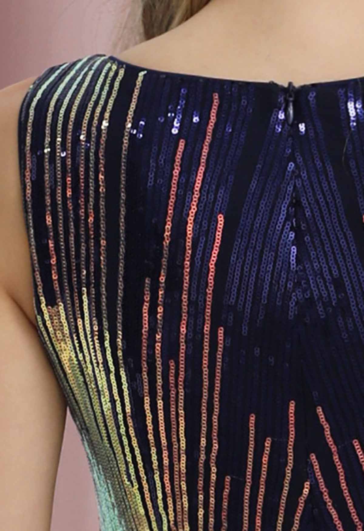 Iridescent Sequined Sleeveless Bodycon Gown in Navy