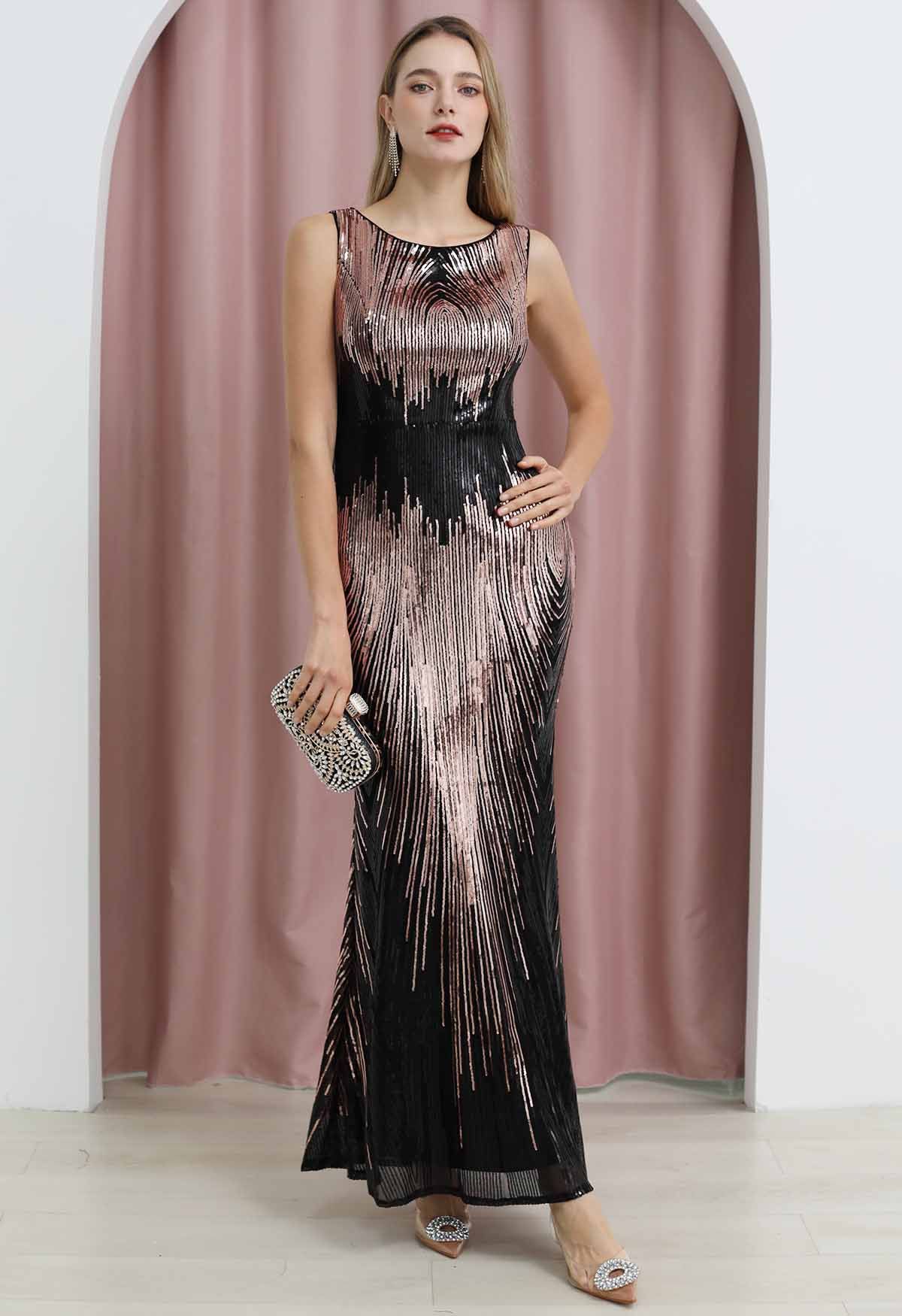 Iridescent Sequined Sleeveless Bodycon Gown in Black