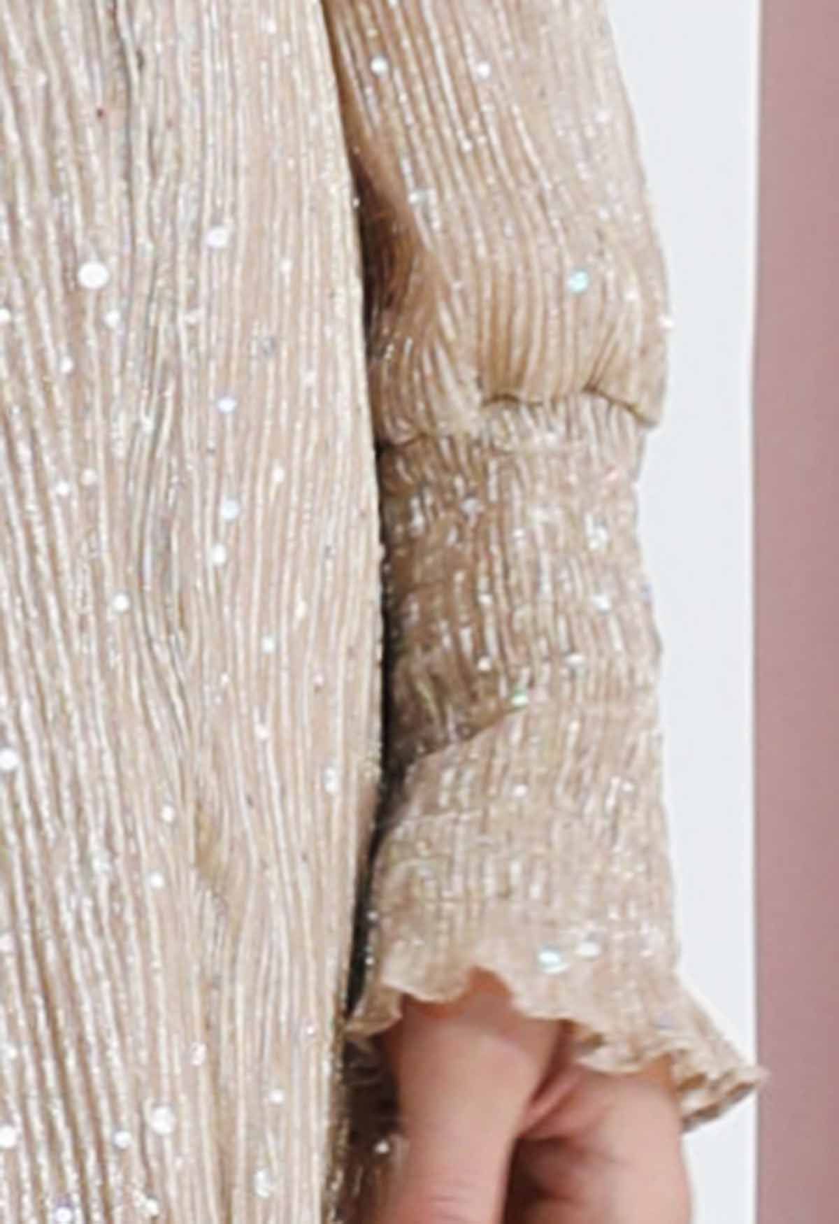 Radiant Sequin Faux-Wrap Split Maxi Gown in Champagne