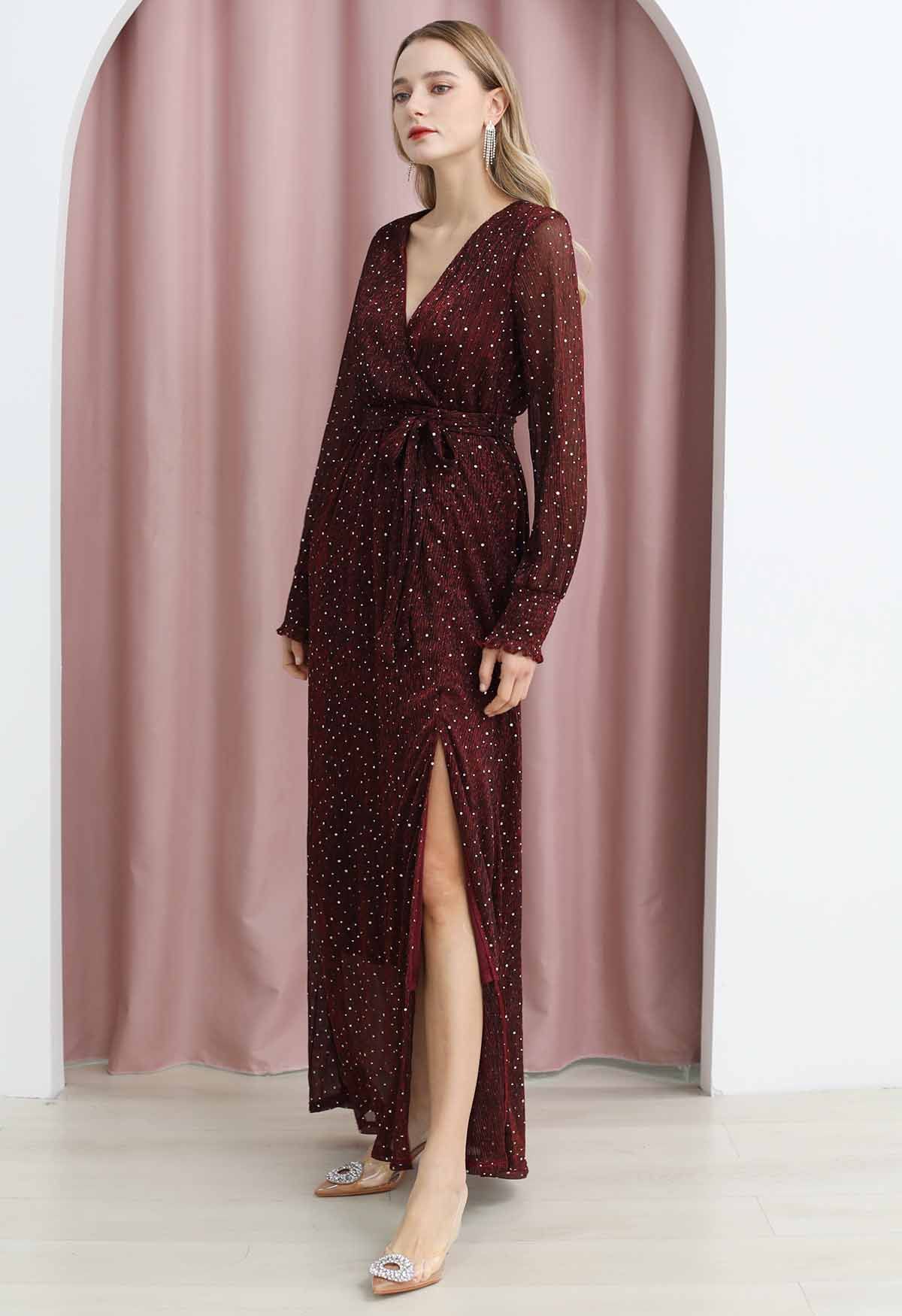 Radiant Sequin Faux-Wrap Split Maxi Gown in Burgundy