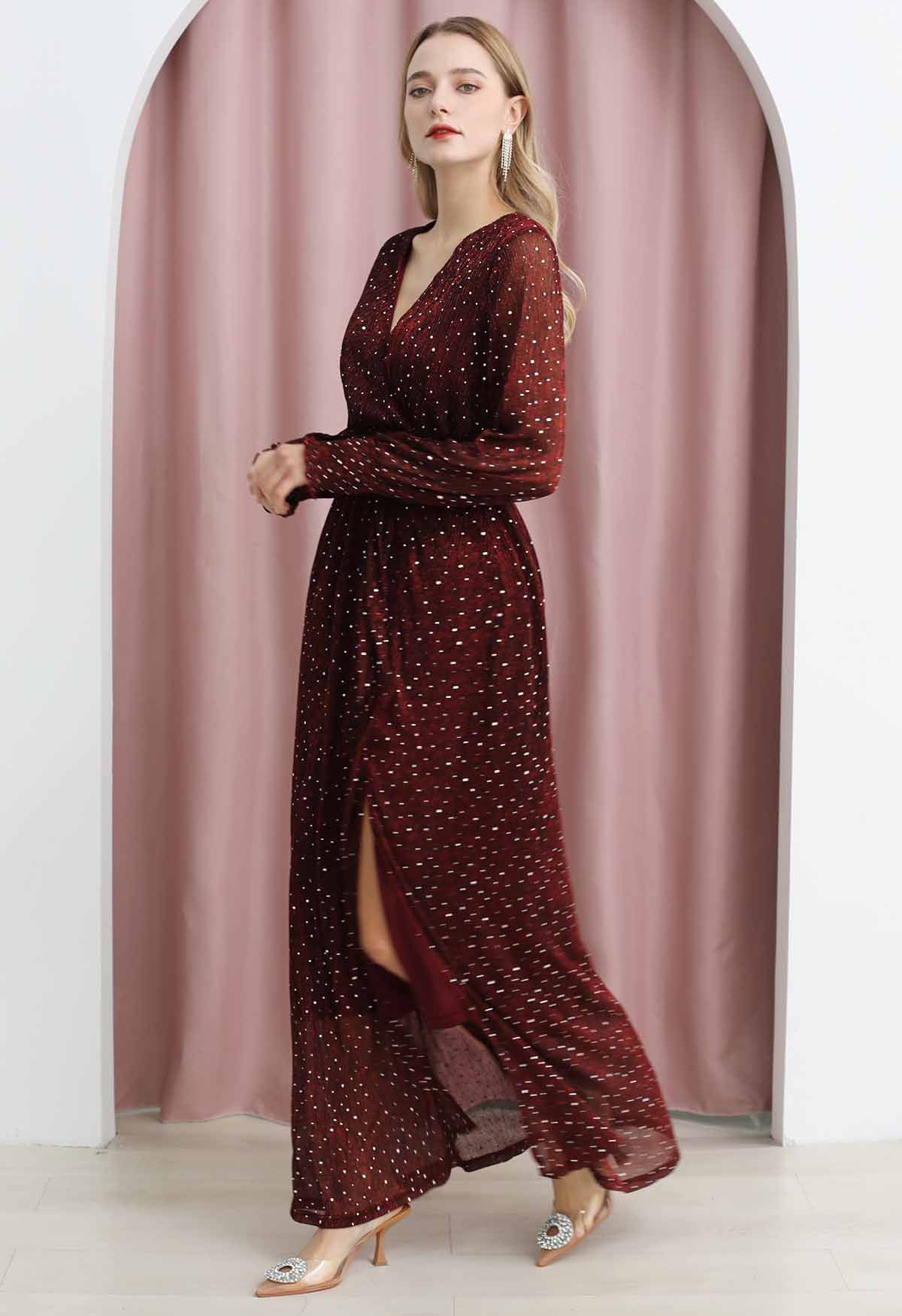 Radiant Sequin Faux-Wrap Split Maxi Gown in Burgundy