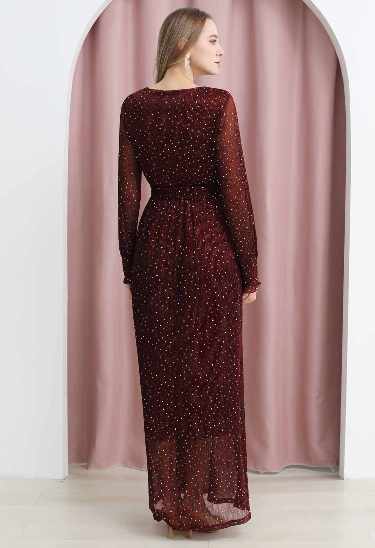 Radiant Sequin Faux-Wrap Split Maxi Gown in Burgundy