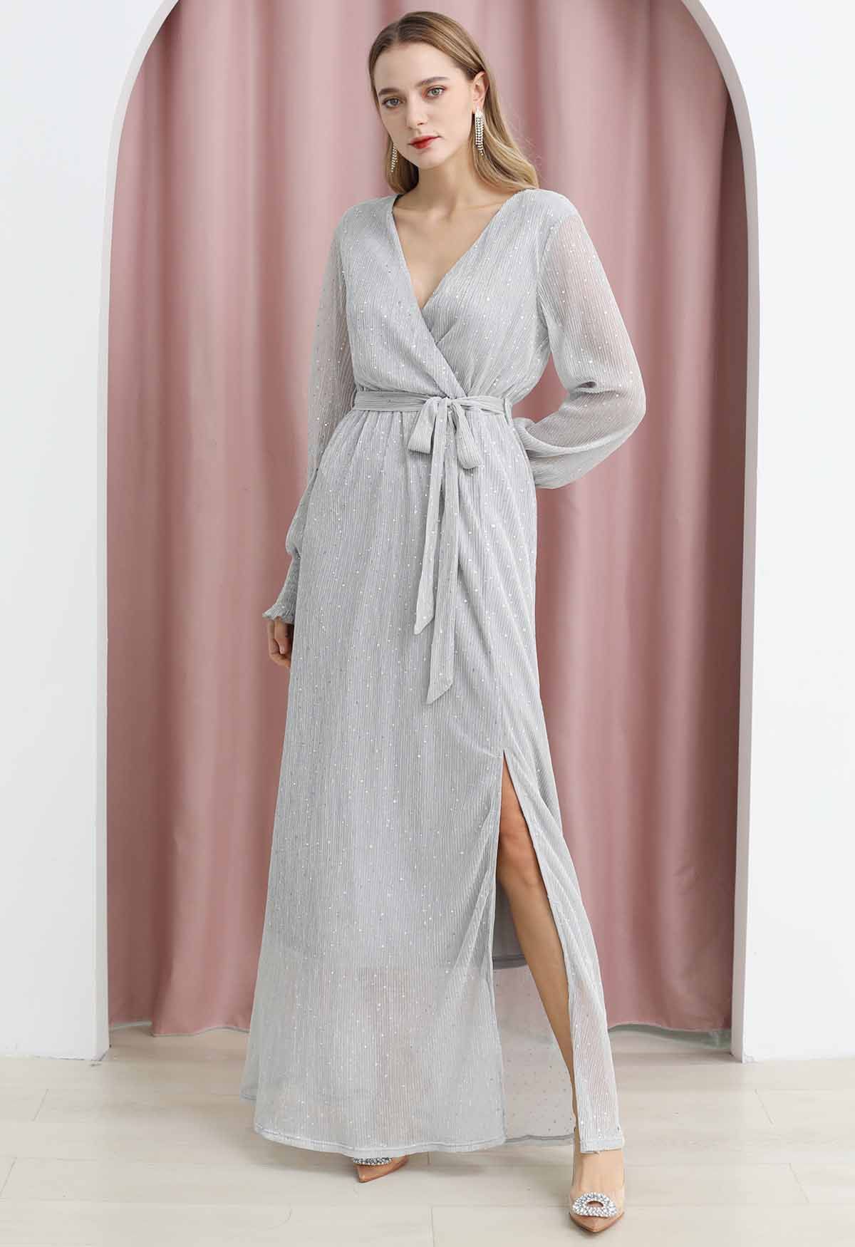 Radiant Sequin Faux-Wrap Split Maxi Gown in Silver