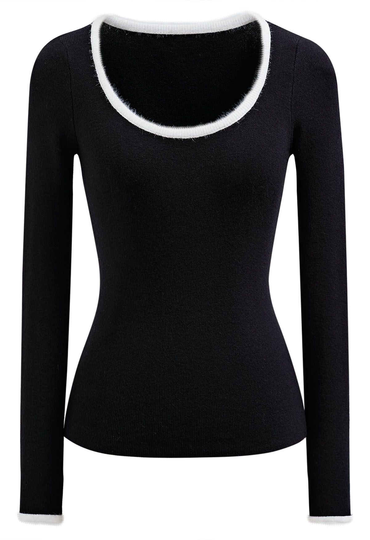 Fuzzy Contrast Edge Scoop Neck Fitted Top in Black