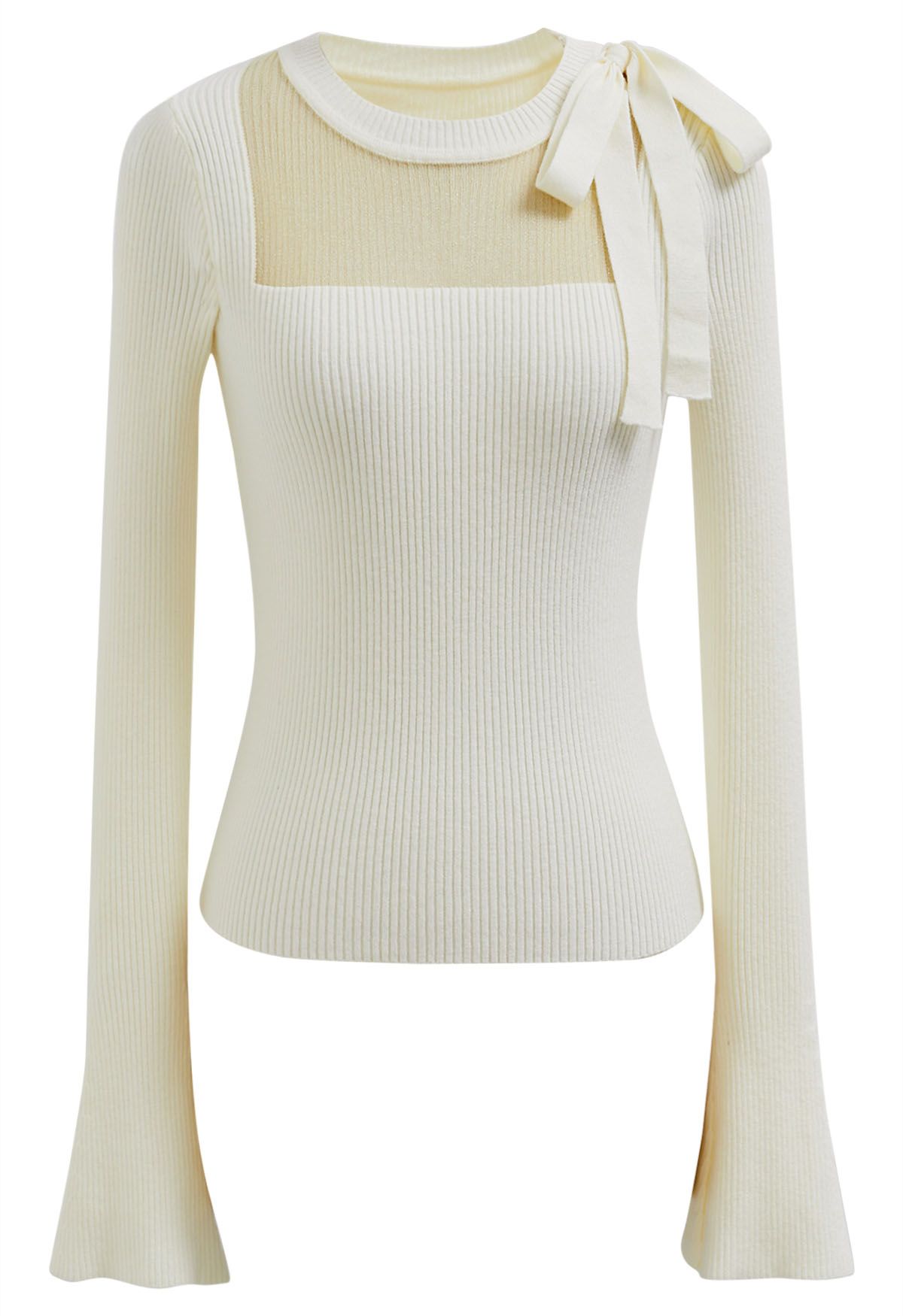 Mesh Inserted Side Bowknot Fitted Knit Top in Cream